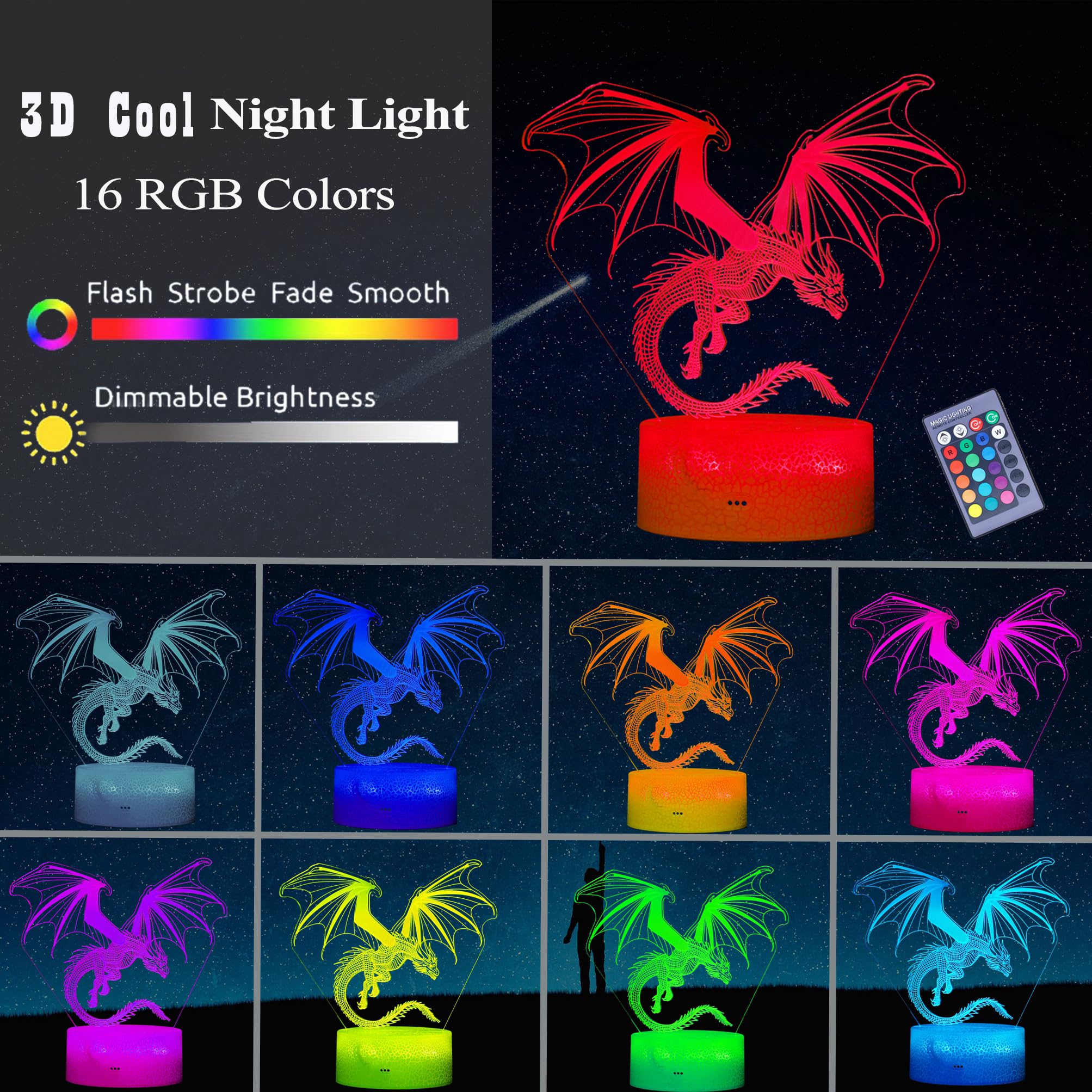 Posshe Dragon Night Light, Dragon Gifts, 3D Illusion Lamp With 16 Colors Changing, Remote Control And Dimmable, Kids Boys Girls
