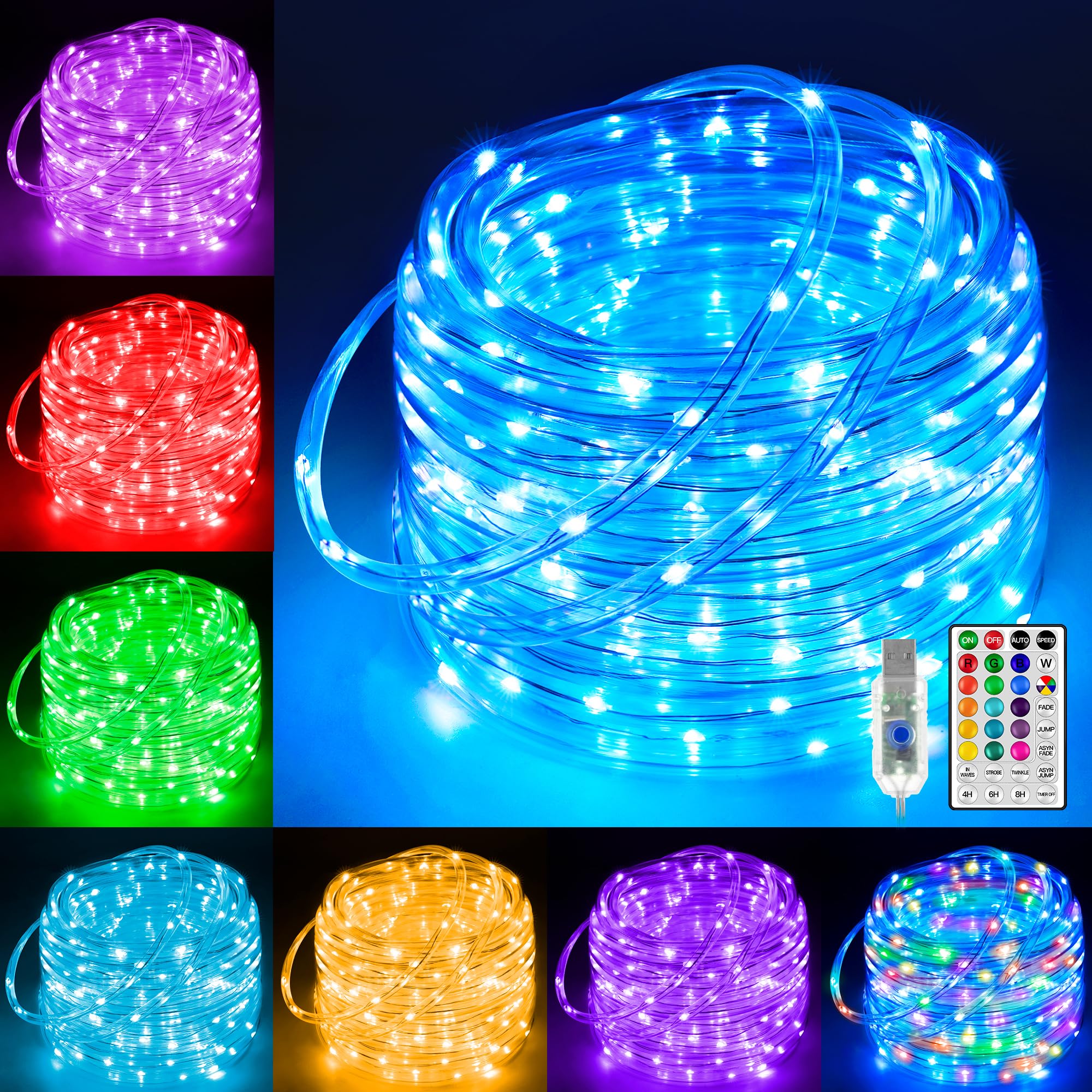 Ollny Rope Lights Outdoor Color Changing, 33FT 100 LED USB Waterproof String Lights with Remote, 18 Colors Fairy Rope Light for Indoor Bedroom Party Garden Wedding Holiday Decorations