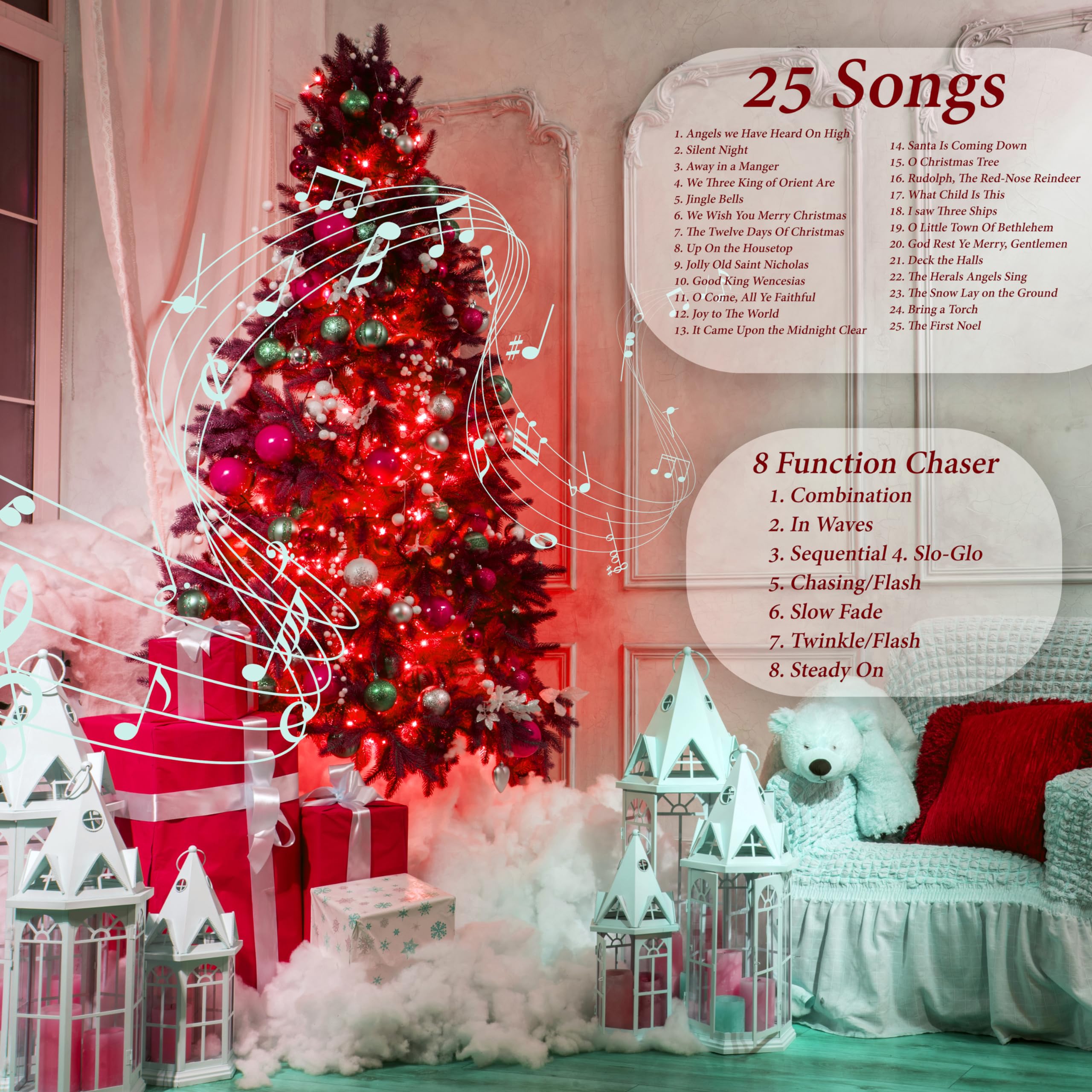 Holiday Essence Red Musical Christmas Lights, 25 Songs, 31.2 Ft Indoor String Lights, Green Wire, Model V4865