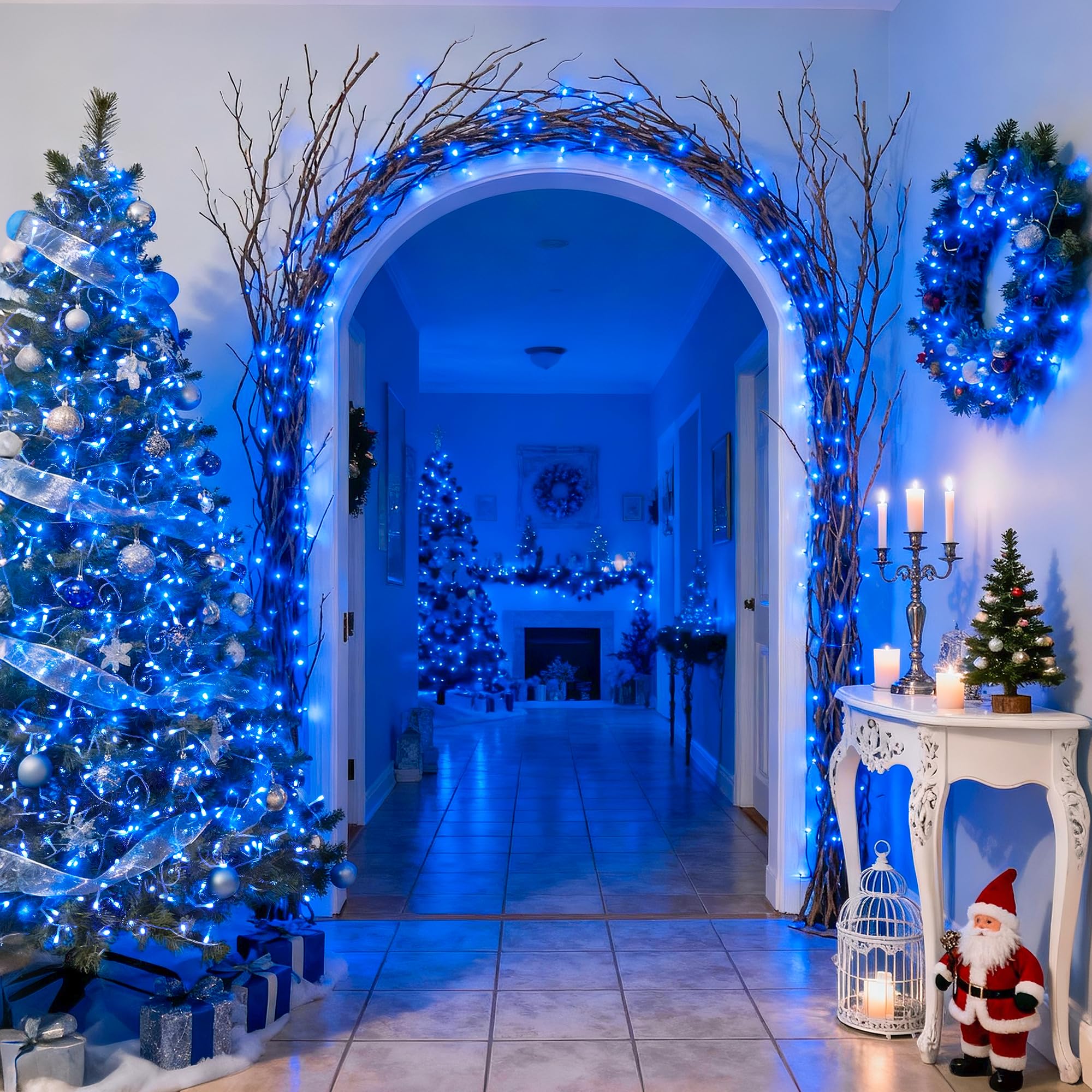 Jmexsuss 33Ft 100 Led Blue Battery Operated Christmas Lights, Waterproof With 8 Modes For Indoor/Outdoor Decor