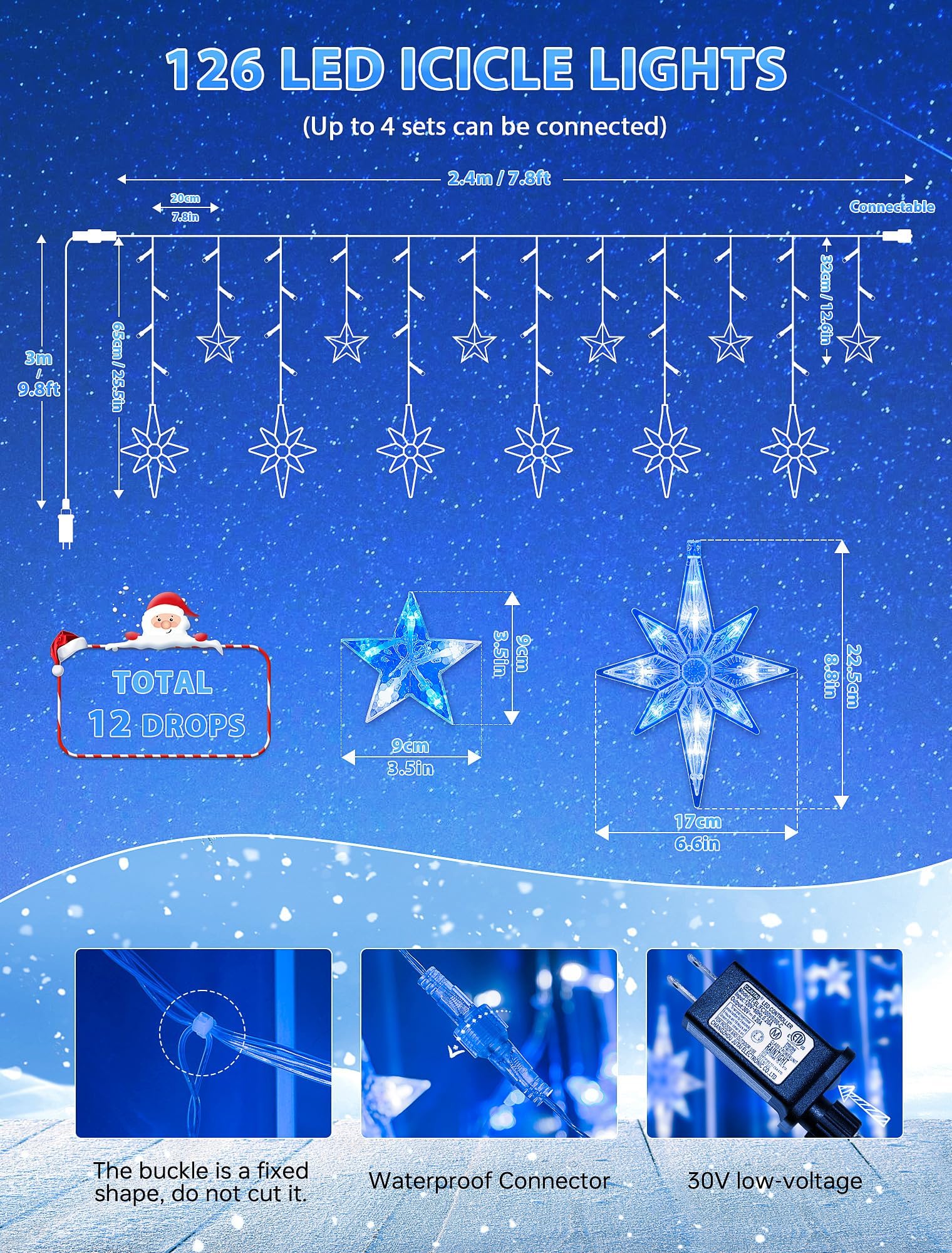 BEEWIN Star Icicle Lights - 126 LED Waterproof Hanging String Lights, Blue White, 8 Modes for Outdoor, Wedding, Party Decor
