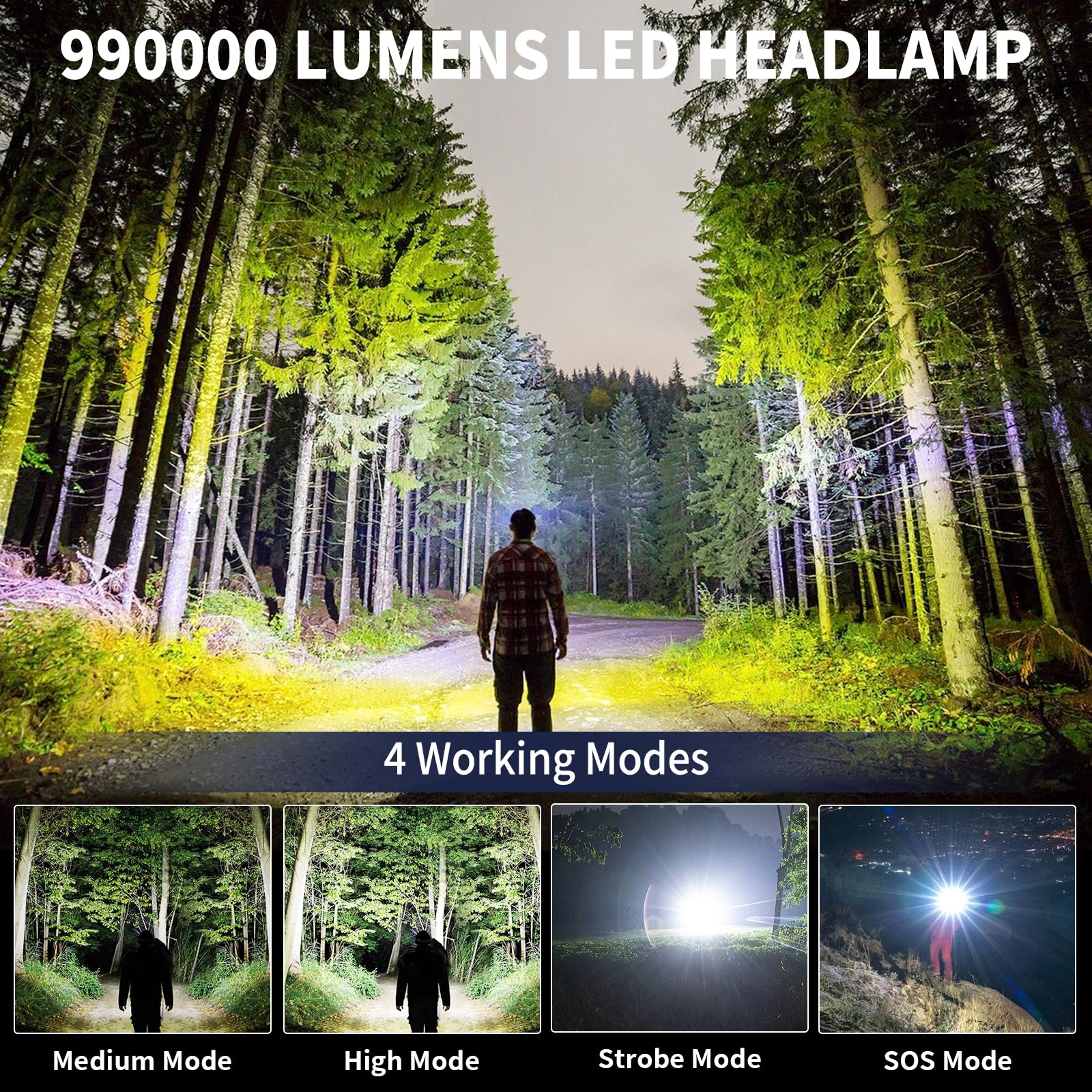 Cinlinso Rechargeable Headlamp 99,000 Lumens, 4 Modes, 90° Adjustable, IPX6 Waterproof, Black, Model P70-160, 2 Pack