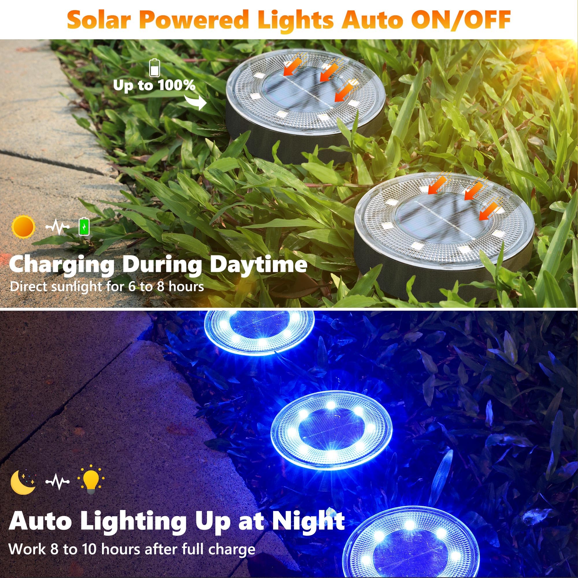 Joomer Solar Ground Lights, 16 Pack, IP68 Waterproof, 8 LED Disc Lights for Outdoor Patio, Pathway, Lawn, Driveway, Blue