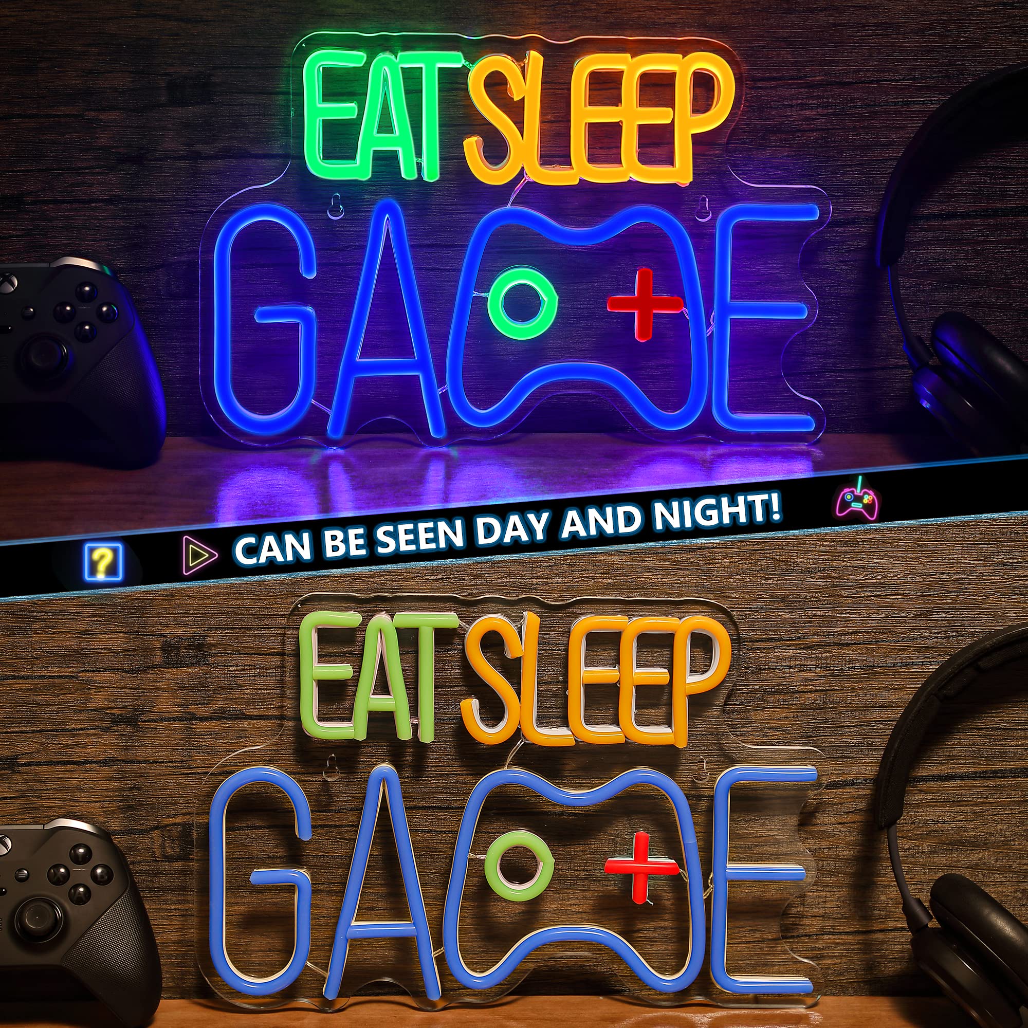 Enhon Neon Sign for Gamers, EAT SLEEP GAME Wall Decor, 8.7L x 13W, Blue, Acrylic, Model Enhon-Neon-0378
