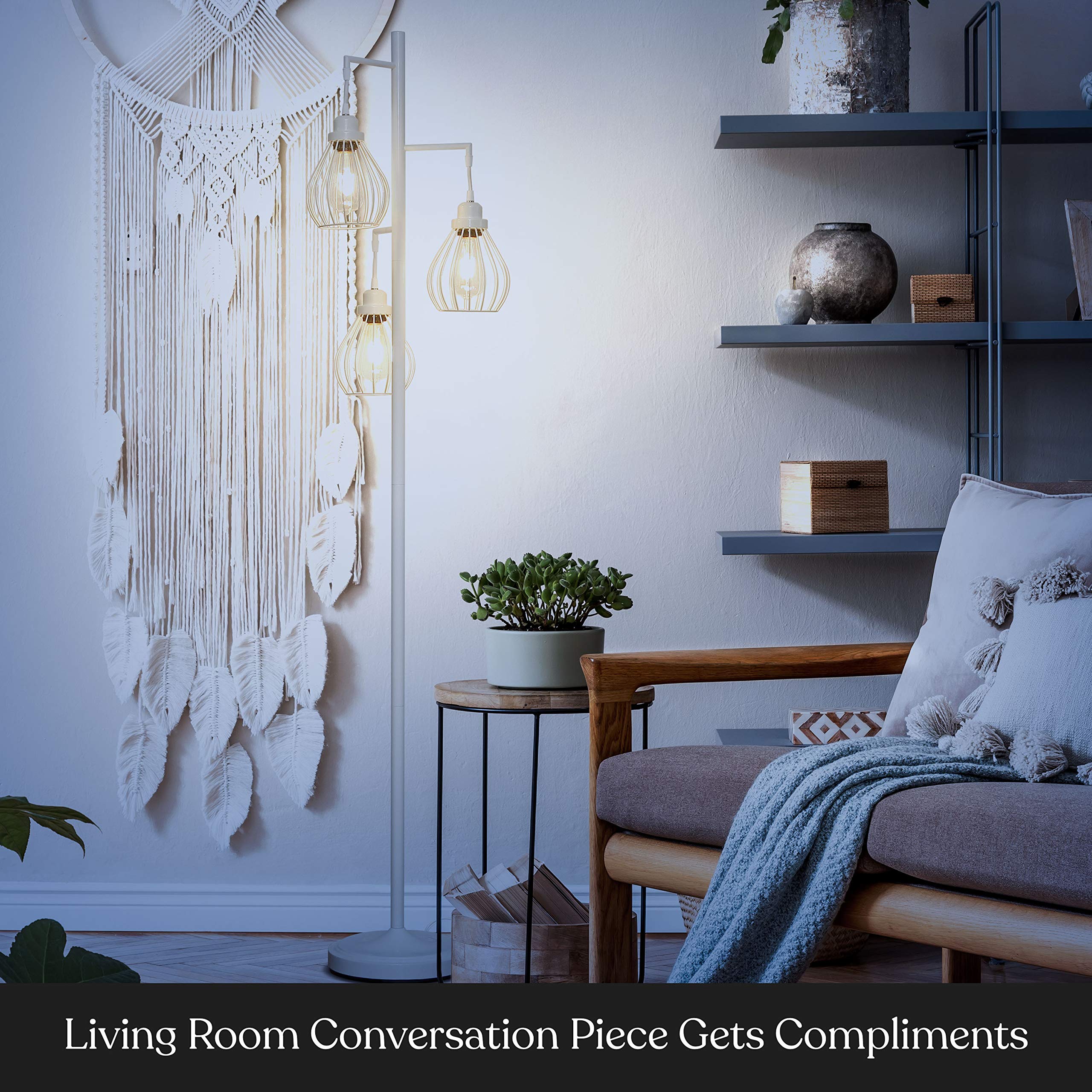 Brightech Teardrop LED Floor Lamp - Elegant Metal Cage Design, Tall White Standing Lamp for Living Rooms & Offices, Model FL-TRDRP-WHT