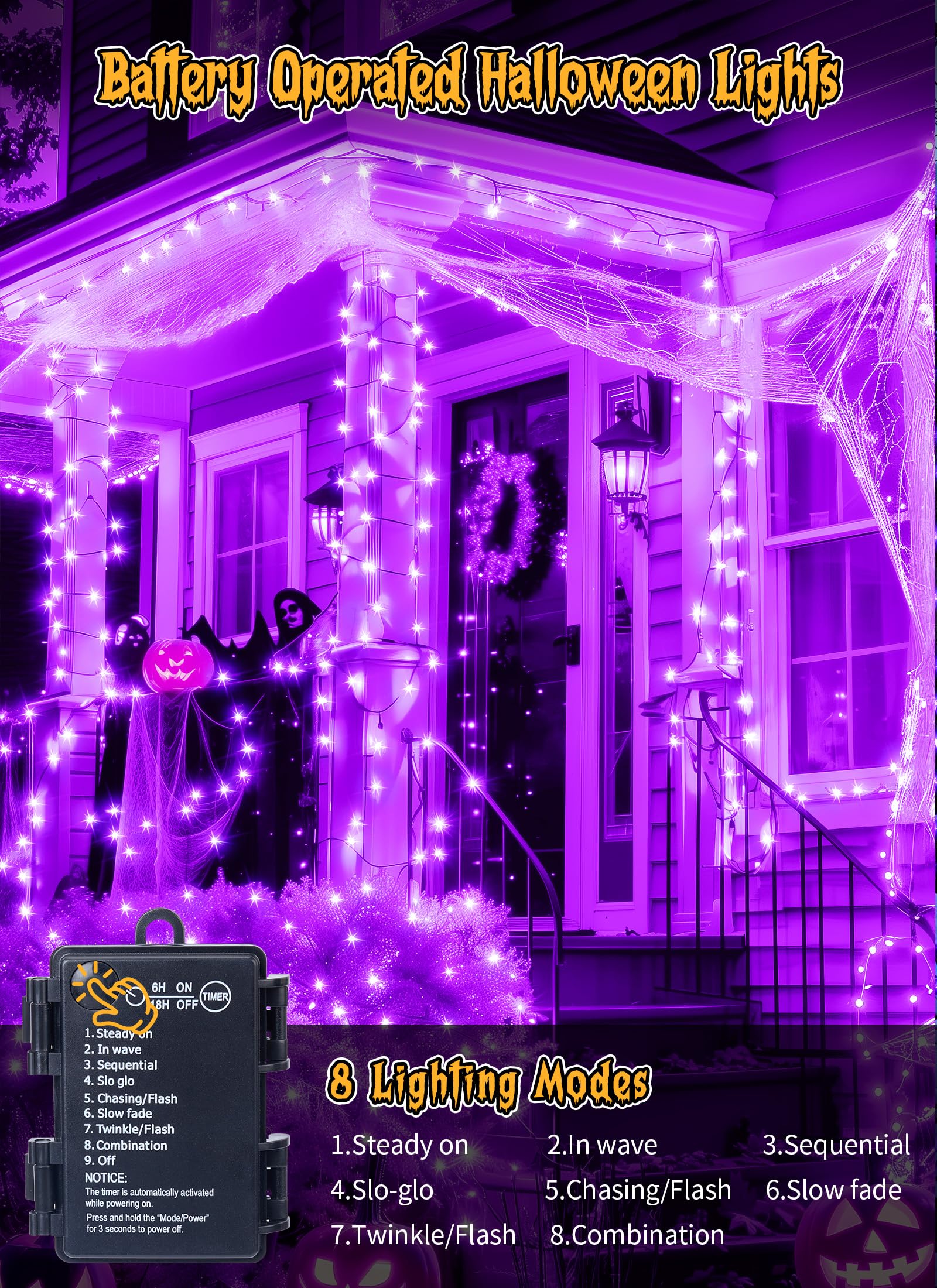 Brightown Battery Operated Christmas Lights, 200 LED, 66 FT, 8 Modes, Waterproof, Purple, 4 Pack, Model BHL-SL-200-8P-PUR