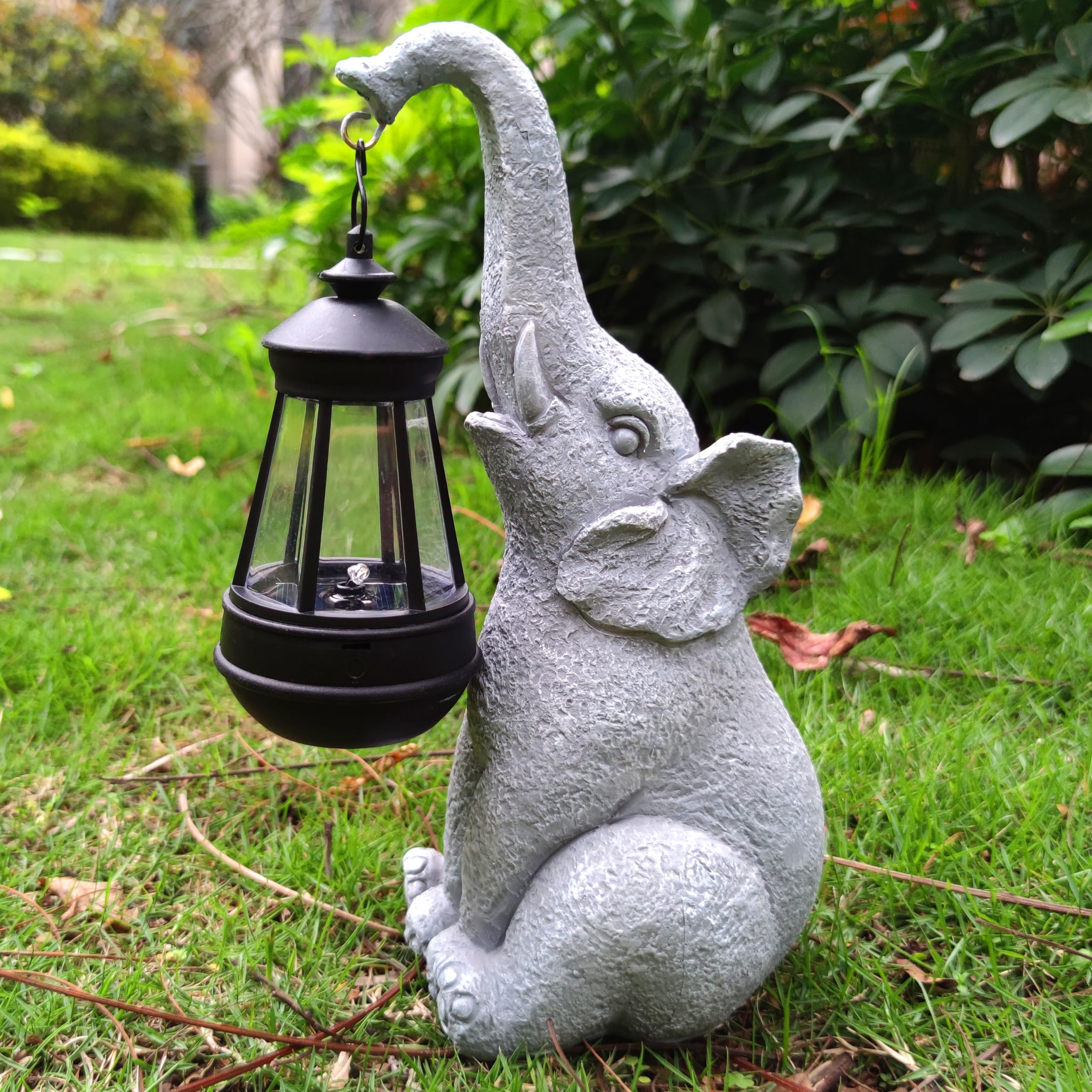 Qobumy Elephant Solar Garden Statues,Resin Elephant Figurine Decorations With Solar Lights Lantern, Outdoor Figurines Lawn Garde