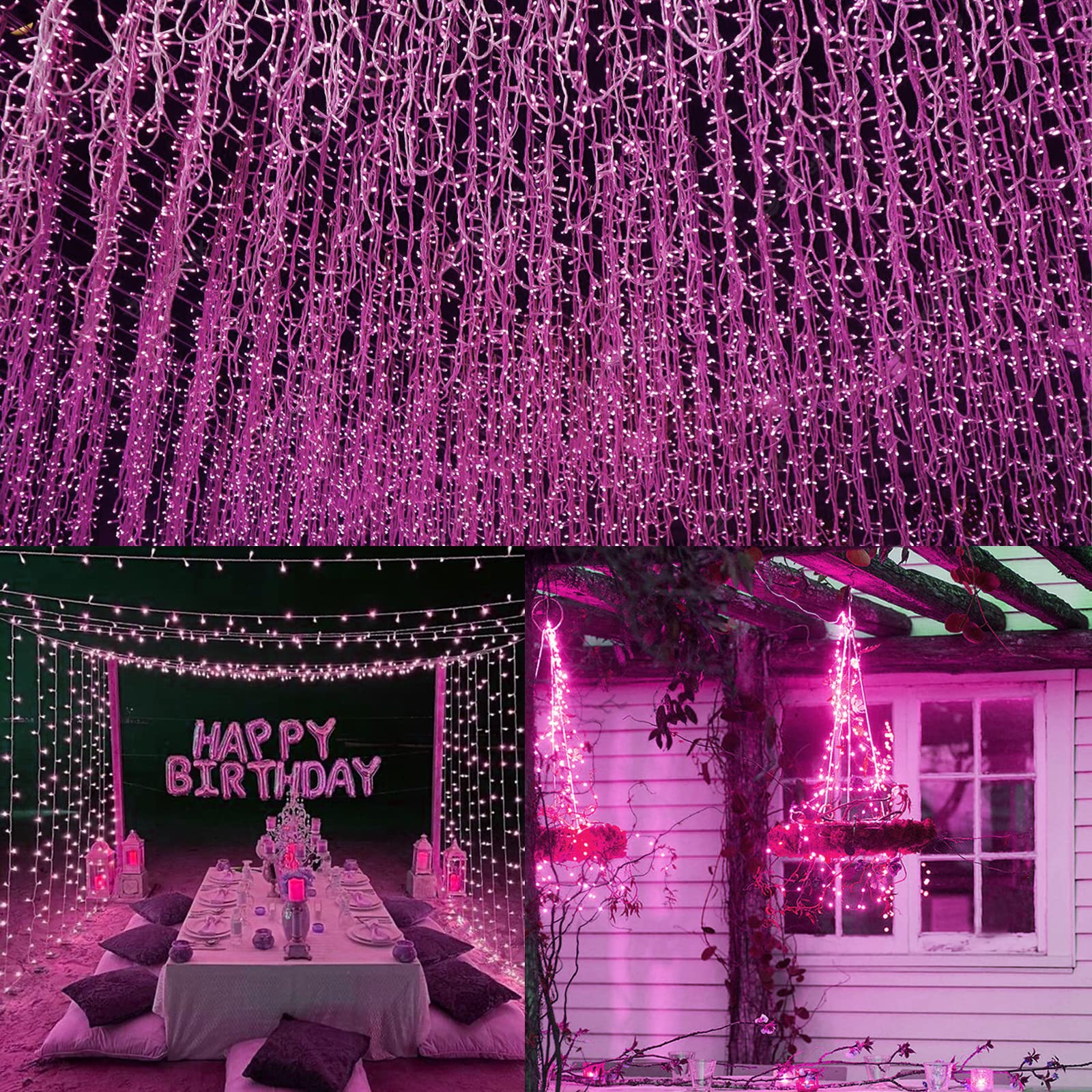 BHCLIGHT 66Ft 200 LED Pink Fairy Lights Waterproof String Lights, 8 Modes for Outdoor/Indoor Decor, Model MLS-D4.5V1.35WUC-O