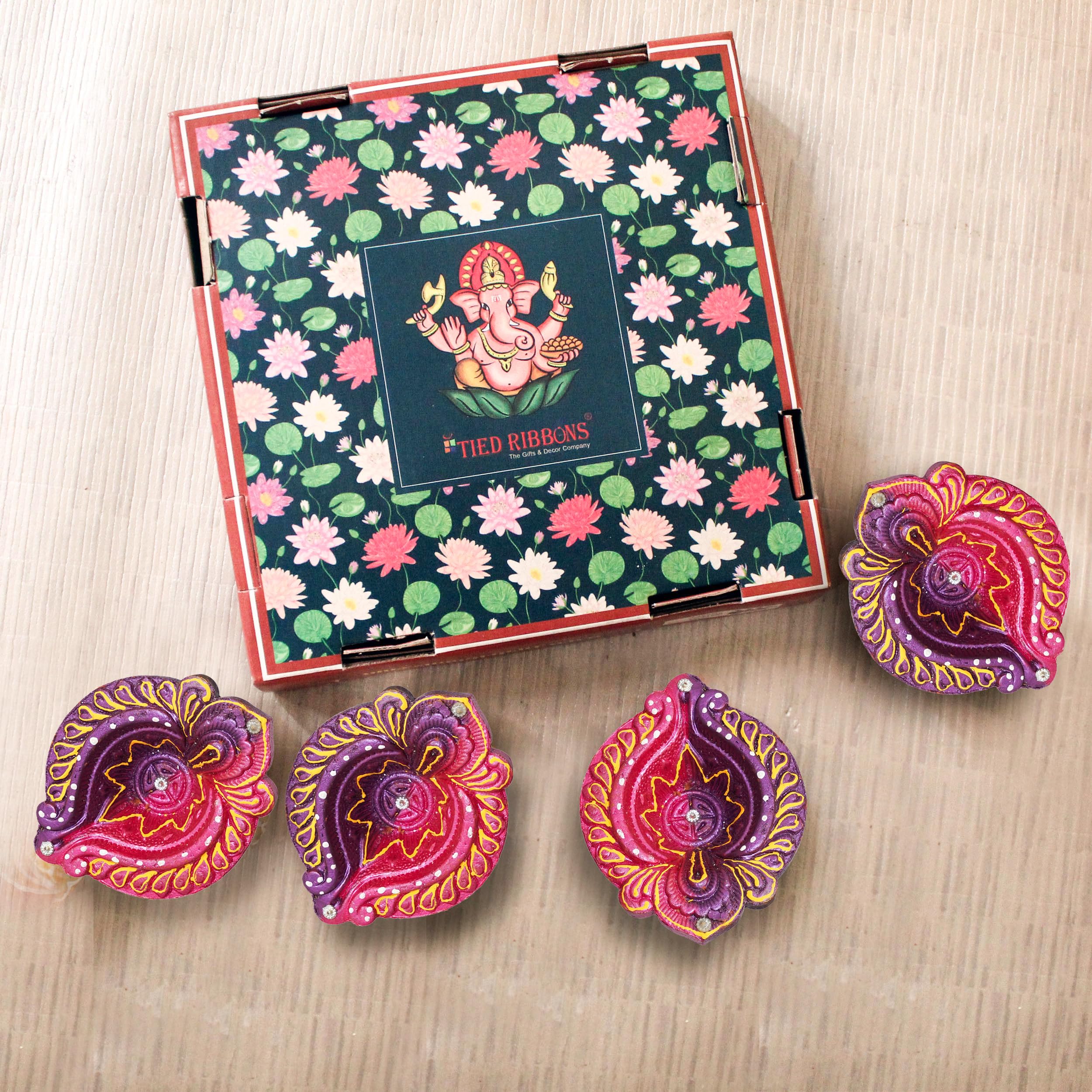TIED RIBBONS Pack of 4 Clay Diya Set - Large Size Teracotta Diya Set Earthen Oil Ghee Diyas Mitti Diya Combo Pack - Decoration I