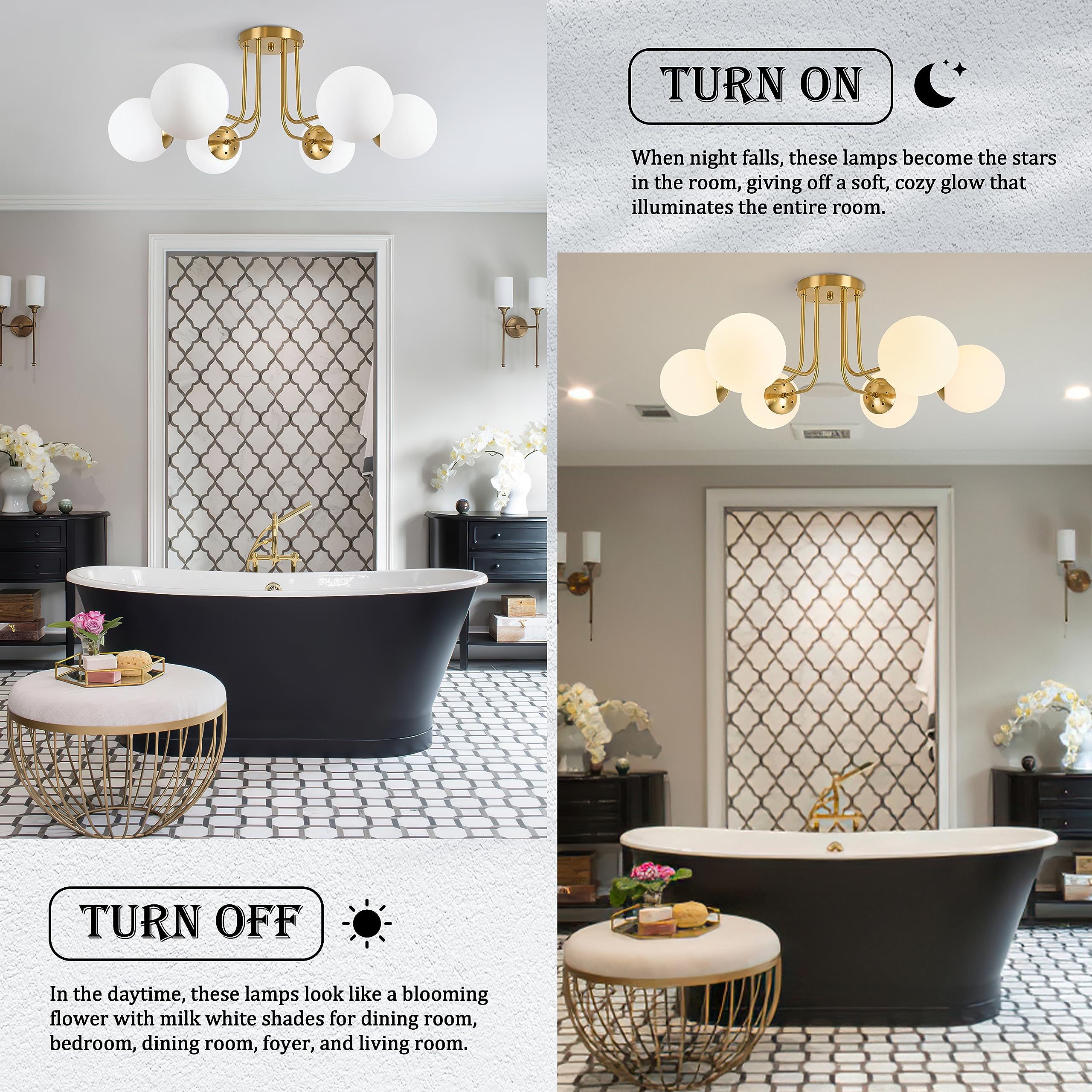 Koko&Yukina 6-Light Mid Century Ceiling Light Modern Semi Flush Mount Ceiling Light Fixture Globe Ceiling Light With Milk Glass