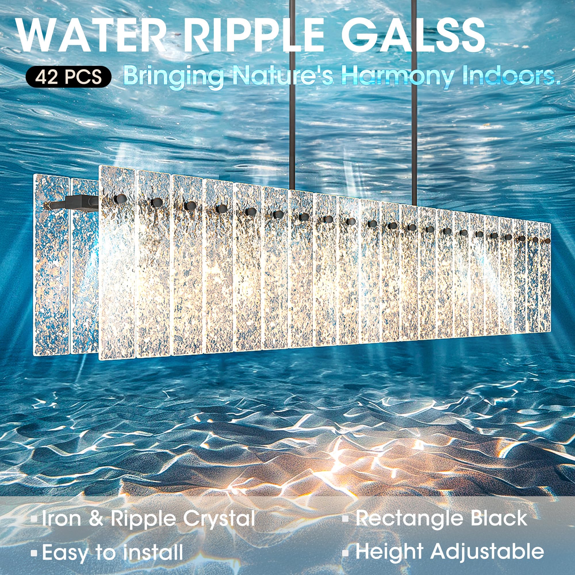 Danshinro 4FT Black Chandelier - Linear Crystal Design, Metal, Fits MAX 60W E26 Bulbs, L22 Model, Water Ripple Glass, 42pcs Glass Sheet