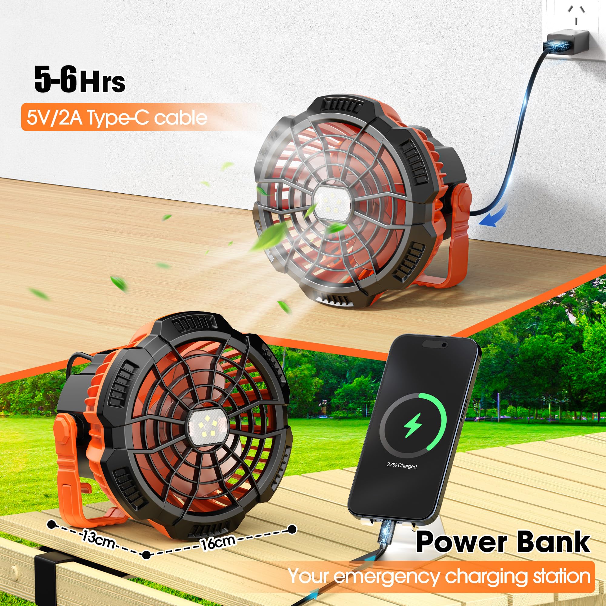 Drchop Portable Camping Fan & Lantern - Rechargeable 15000mAh, 40H Max, Large, Orange, Model X10 for Camping & Hiking Essentials