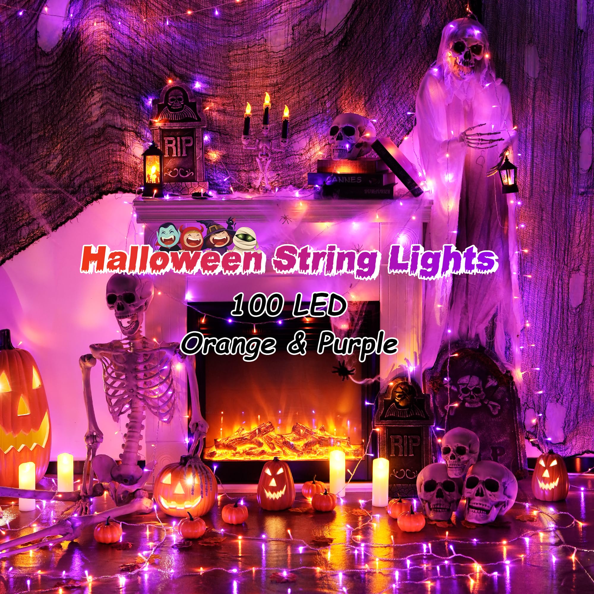 Jmexsuss 33Ft 100 Led Halloween String Lights, Orange & Purple, Waterproof, 8 Modes, Clear Wire, Model Exs-S-0100