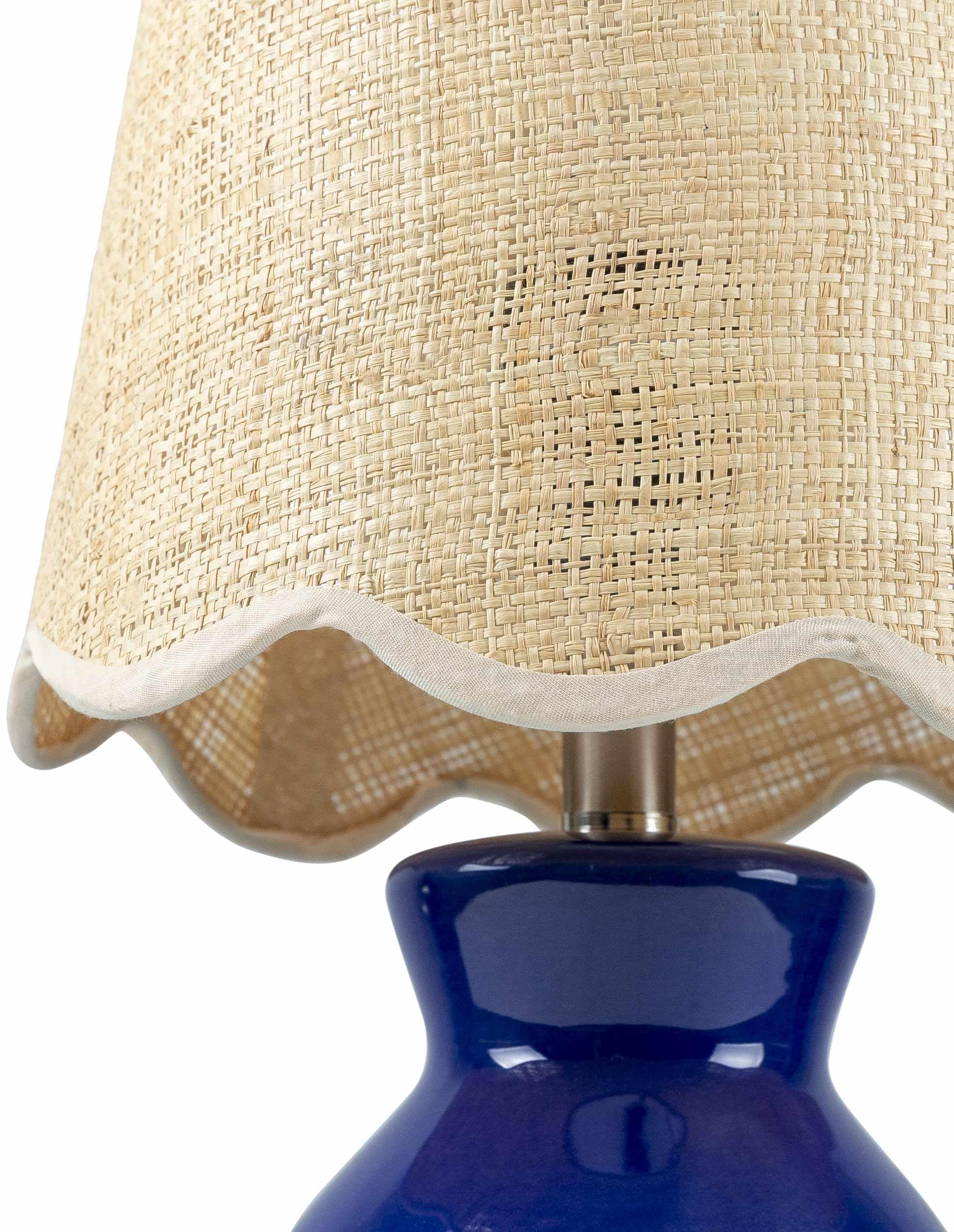 BoutiqueRugs Salgareda Boho Ceramic Bedside Table Lamp - 15inH x 8inW x 8inD - Navy, Beige - Rattan Shade - Model SPXZVA1