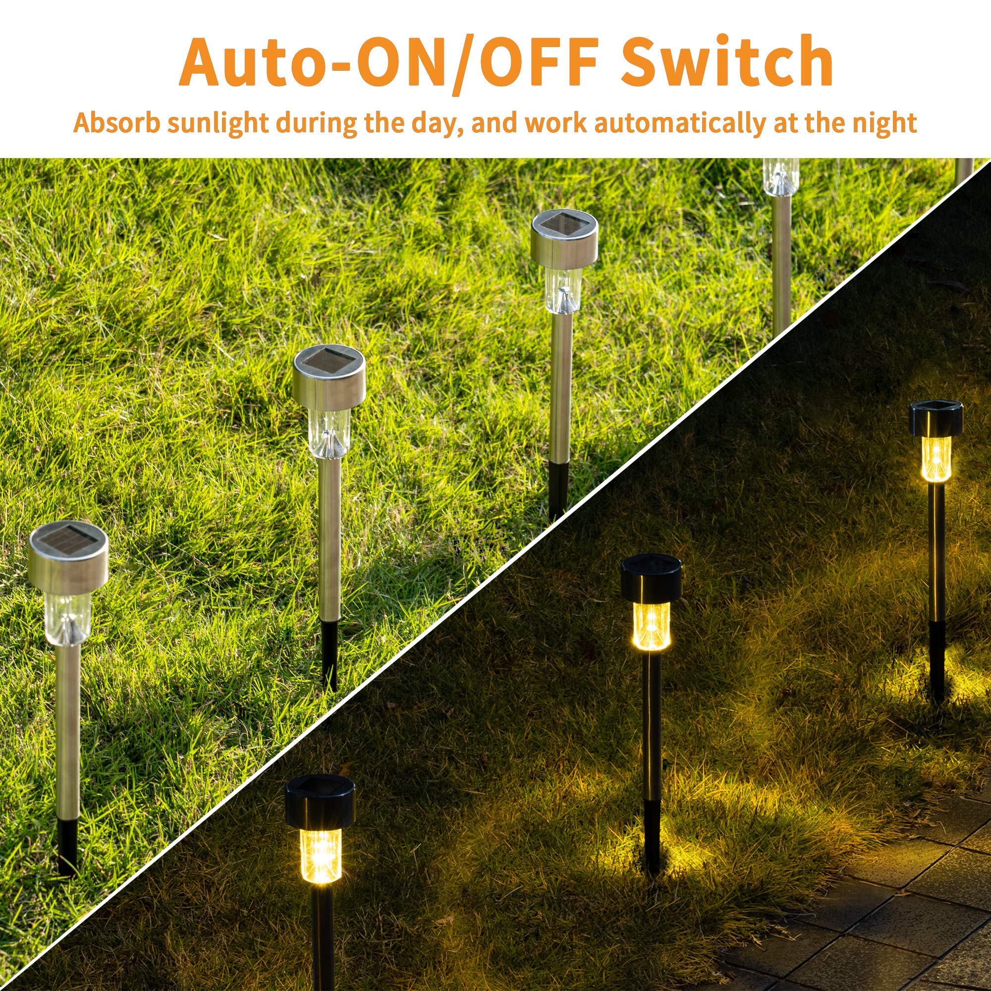 GIGALUMI Solar Pathway Lights 12 Pack, Stainless Steel, IP44 Waterproof, Warm White, Model 8374-12N
