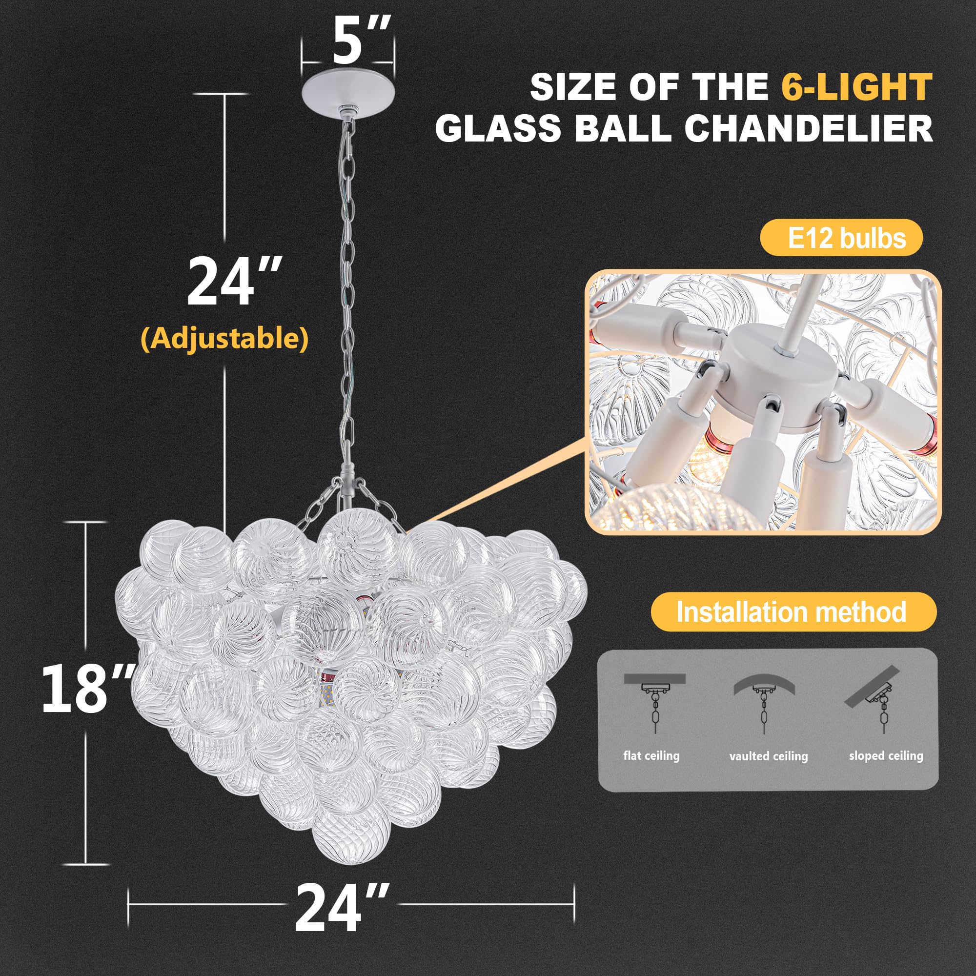 Beypan Bubble Ball Swirled Glass Chandelier White Finish 24'' Dia Clear Ribbed Blown Glass Globe Pendant Light Fixture For Bedro