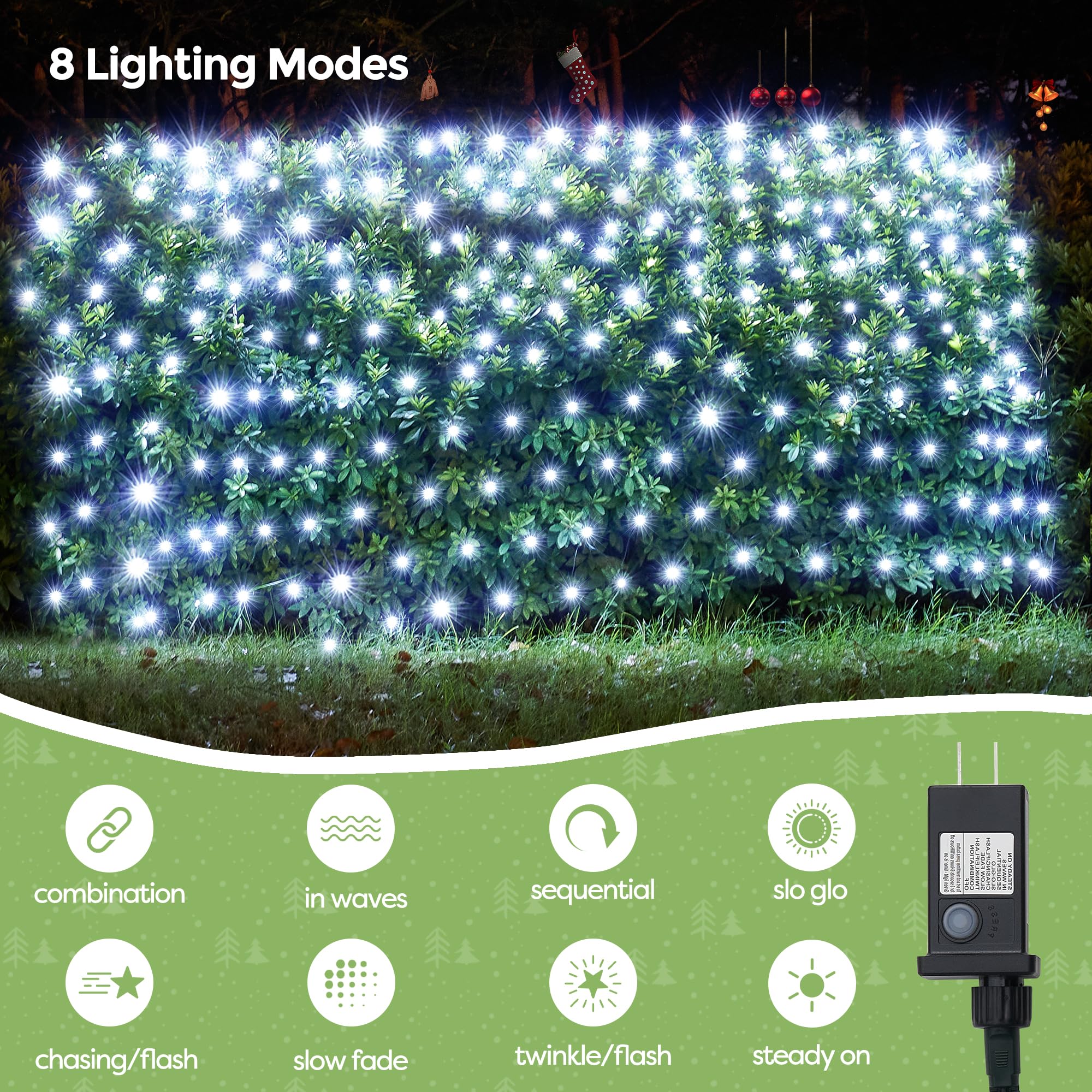 WBao Outdoor Christmas Lights, 360LED Net Lights, 11.5ft x 6.9ft, Waterproof, 8 Modes, Cool White, Model EDK-290060
