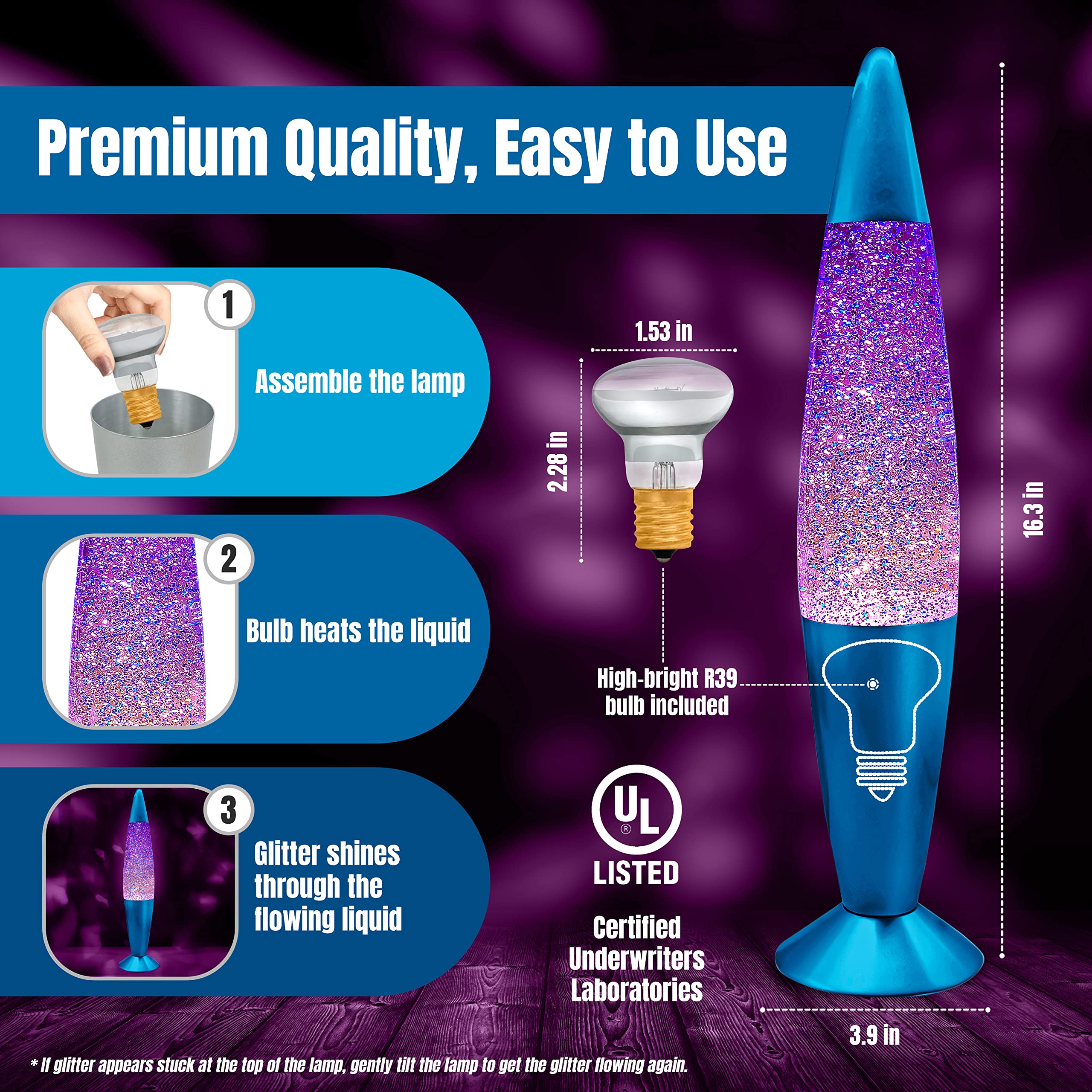 Jambo 16-Inch Glitter Lamp - Blue Base, Colored Glass, Blue and Silver Glitter Night Light for mature-themeds, Teens, Kids