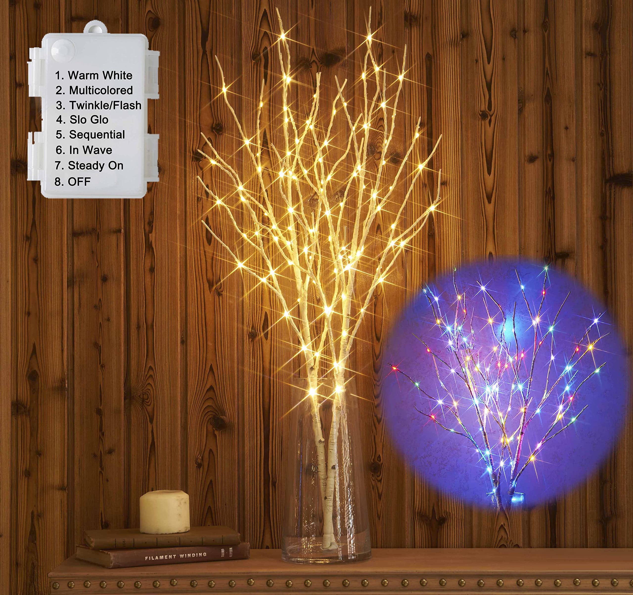 Hairui Lighted Birch Branches Battery Operated with 8 Functions 100 Multi Color and Warm White Lights, Pre Lit Twig Branches for Easter Christmas Party Room Decoration