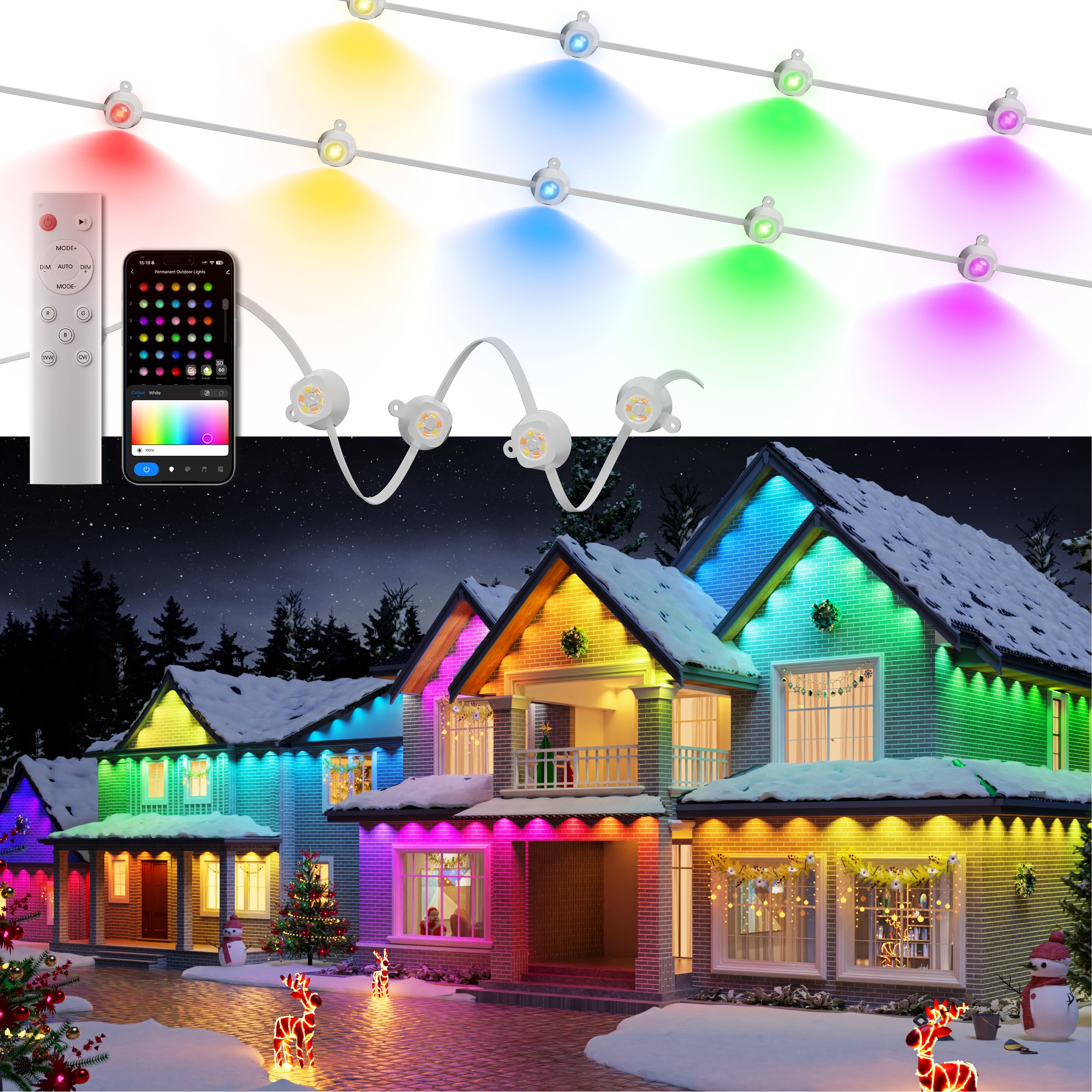 DeckTok Permanent Outdoor Christmas Lights Pro, 100ft RGBWW & 60LM Triple-LED Smart Lights, Christmas Decorations Outdoor with 7
