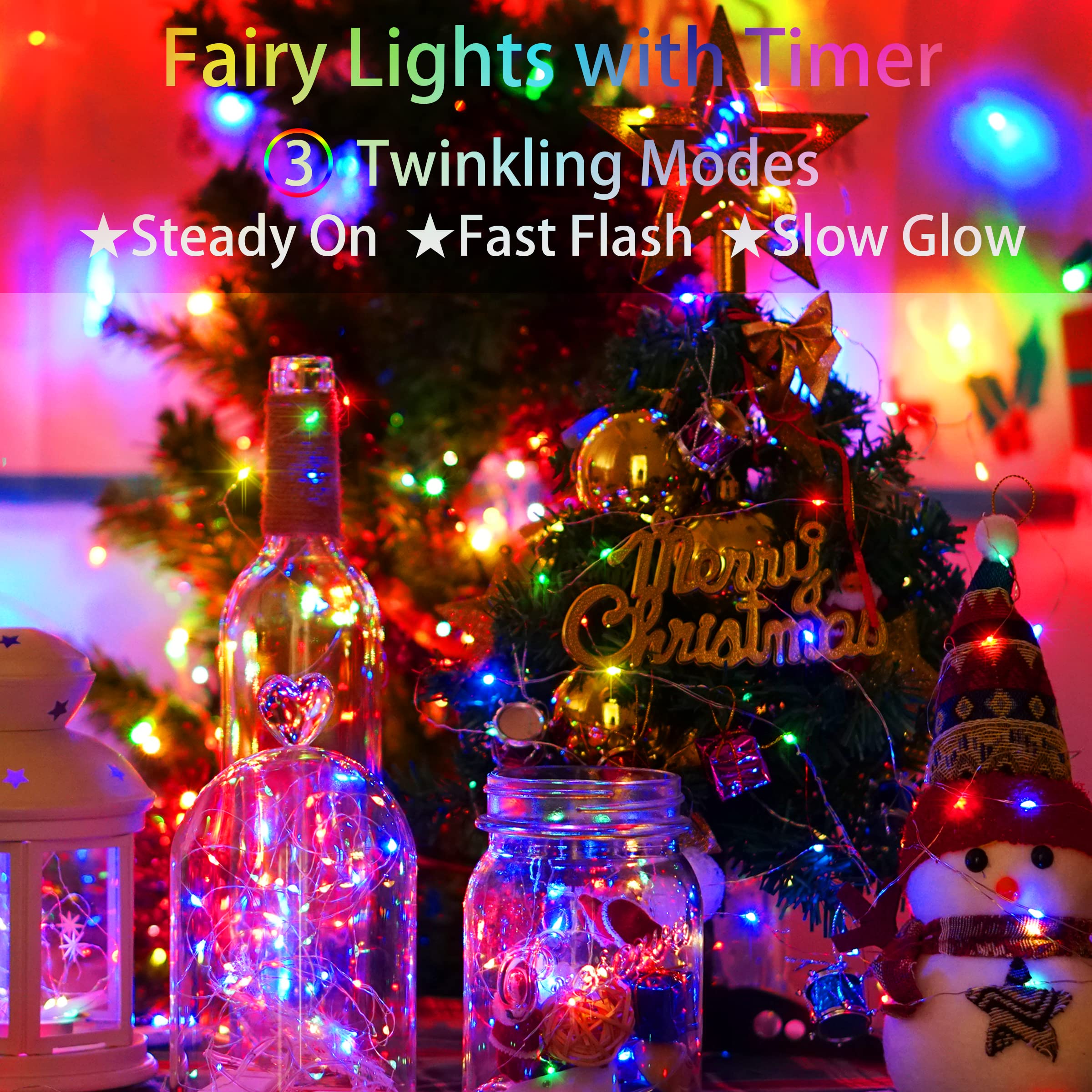 Multicolor Christmas Twinkle Fairy String Lights Battery Operated 3 Modes 20 Led 12 Packs 7.2Ft Silver Wire Starry Firefly Lights With Timer For Diy Craft Bottle Table Birthday Party Decorations