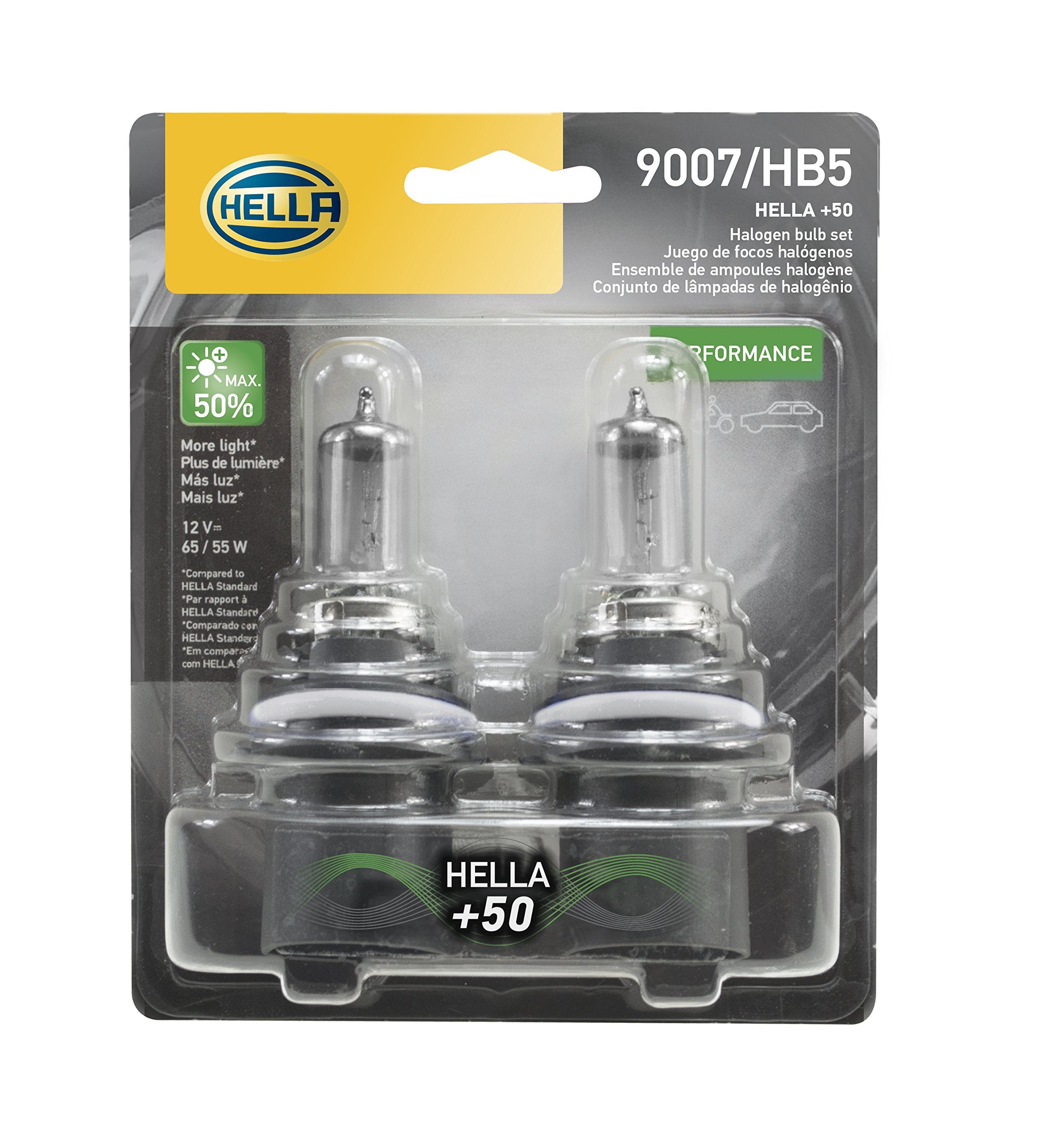 HELLA 9007P50TB Twin Blister +50 Performance Bulb, 12V, 65/55W, 2 Pack