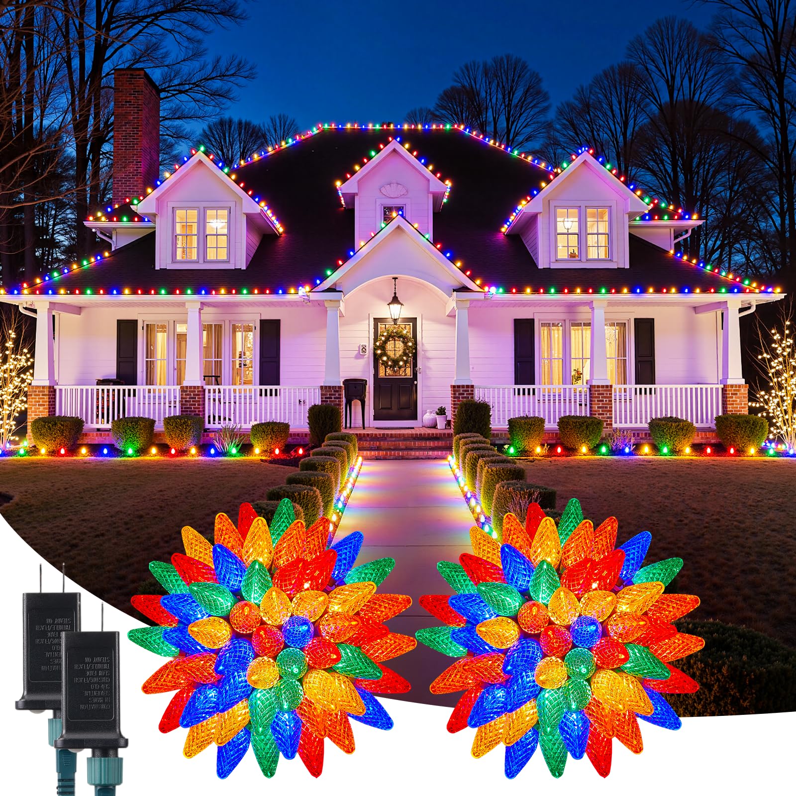 C9 Outdoor Christmas Lights  72 FT 110 LED C9 String Lights  8 Modes & Timer Connectable Waterproof for Christmas Tree light Indoor Outdoor Roofline Patio Outside Yard Xmas Decor  Multicolor 2 Pack