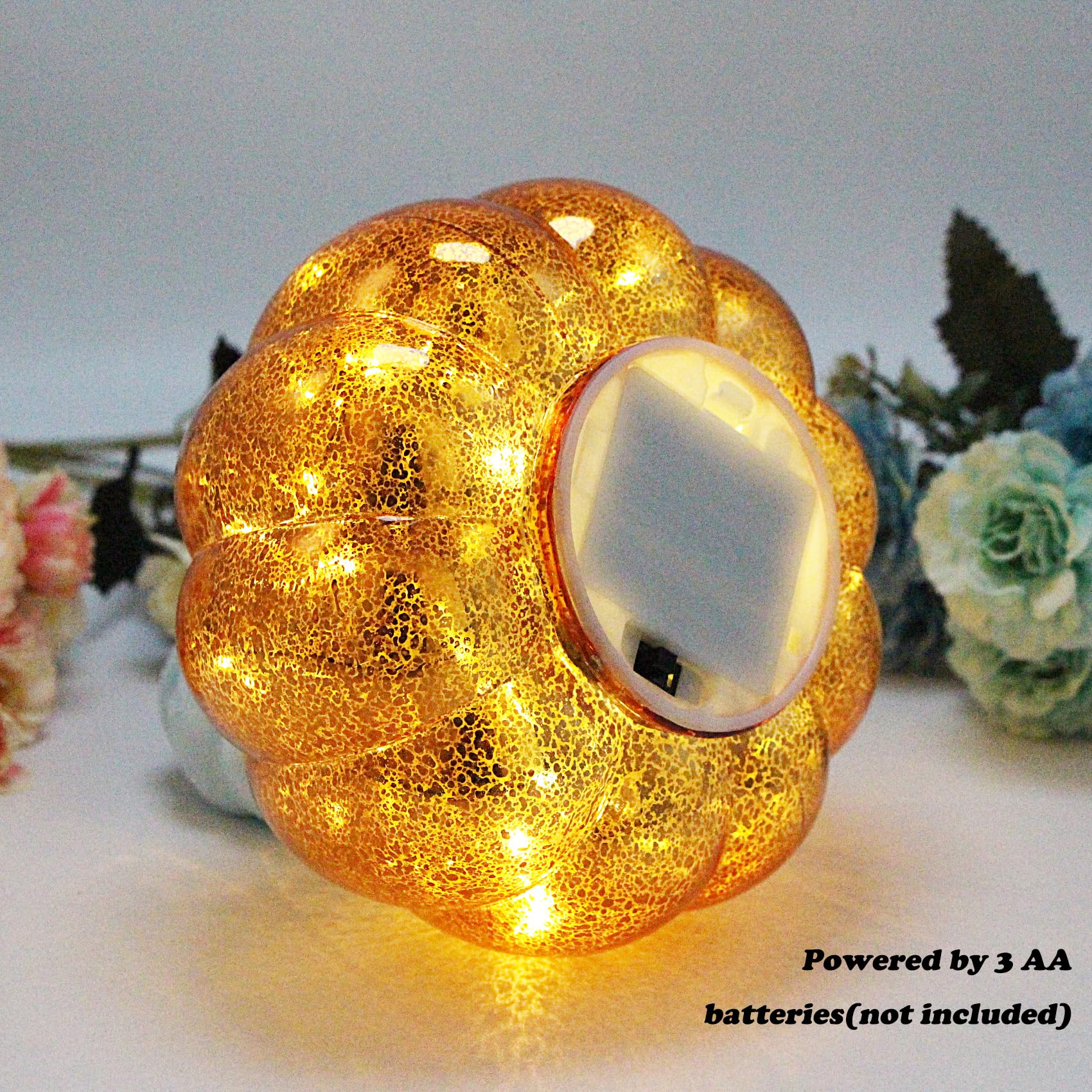 Cfdecor Mercury Glass Pumpkin Light With Timer, Battery Operated Led, 10 Fairy Lights, Gold2, Model Mge, Ideal For Halloween & Thanksgiving Decor