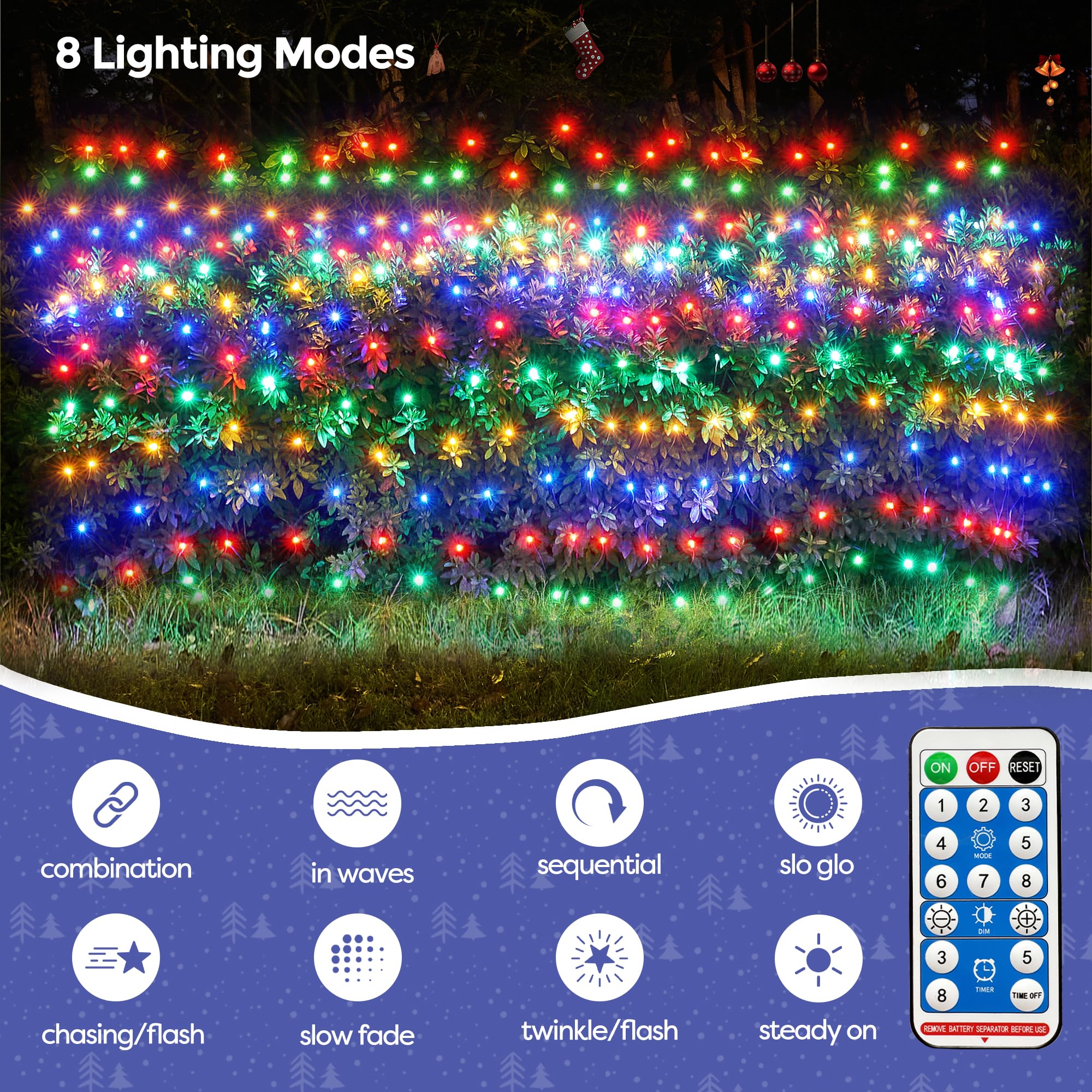 WBao Solar Christmas Lights 200LED Net Lights with Remote Control, 8 Modes, Timer, 8.4ft x 5.2ft, Multicolor