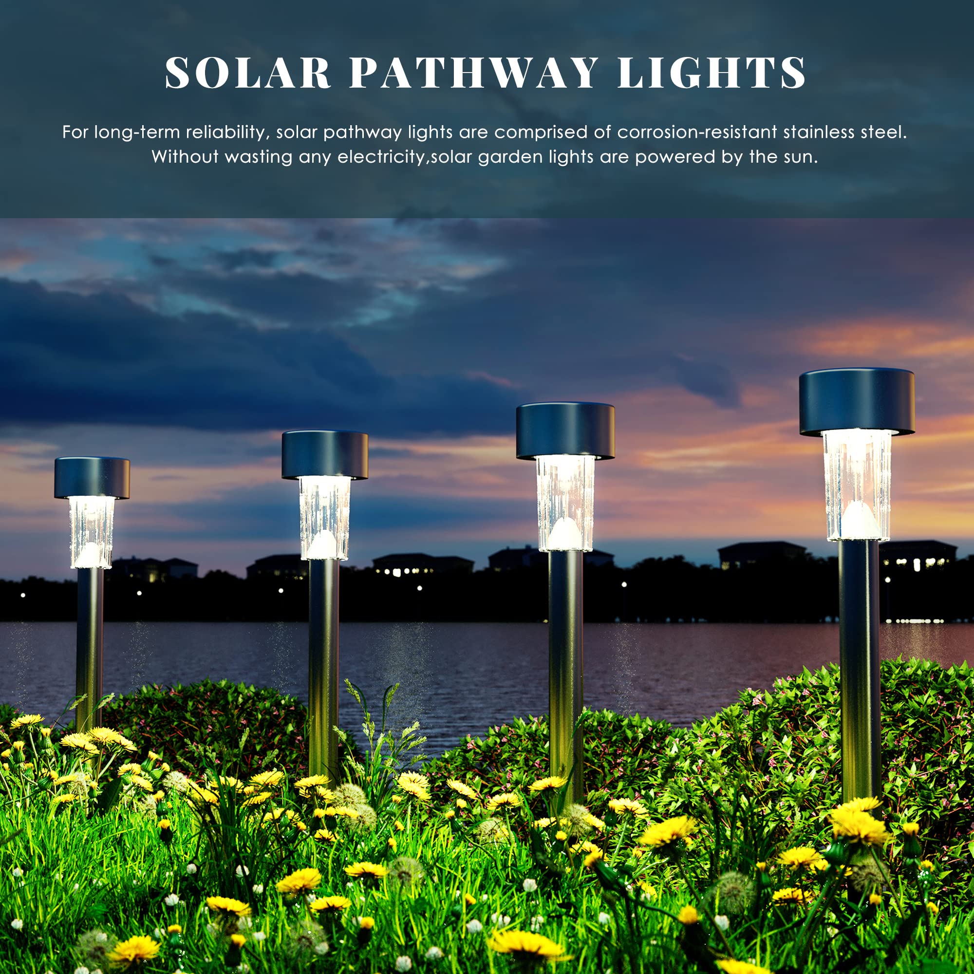 SOLPEX Solar Outdoor Lights 12 Pack, Stainless Steel, Waterproof LED Pathway Lighting, Cold White, Model 6982