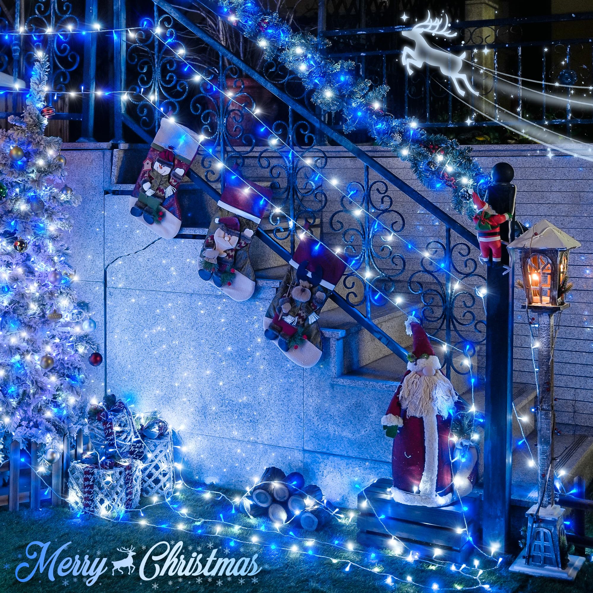 Jmexsuss 500 Led Blue And White Christmas Lights, 8 Modes 163Ft String Lights Plug In With Remote Control, Clear Wire Christmas