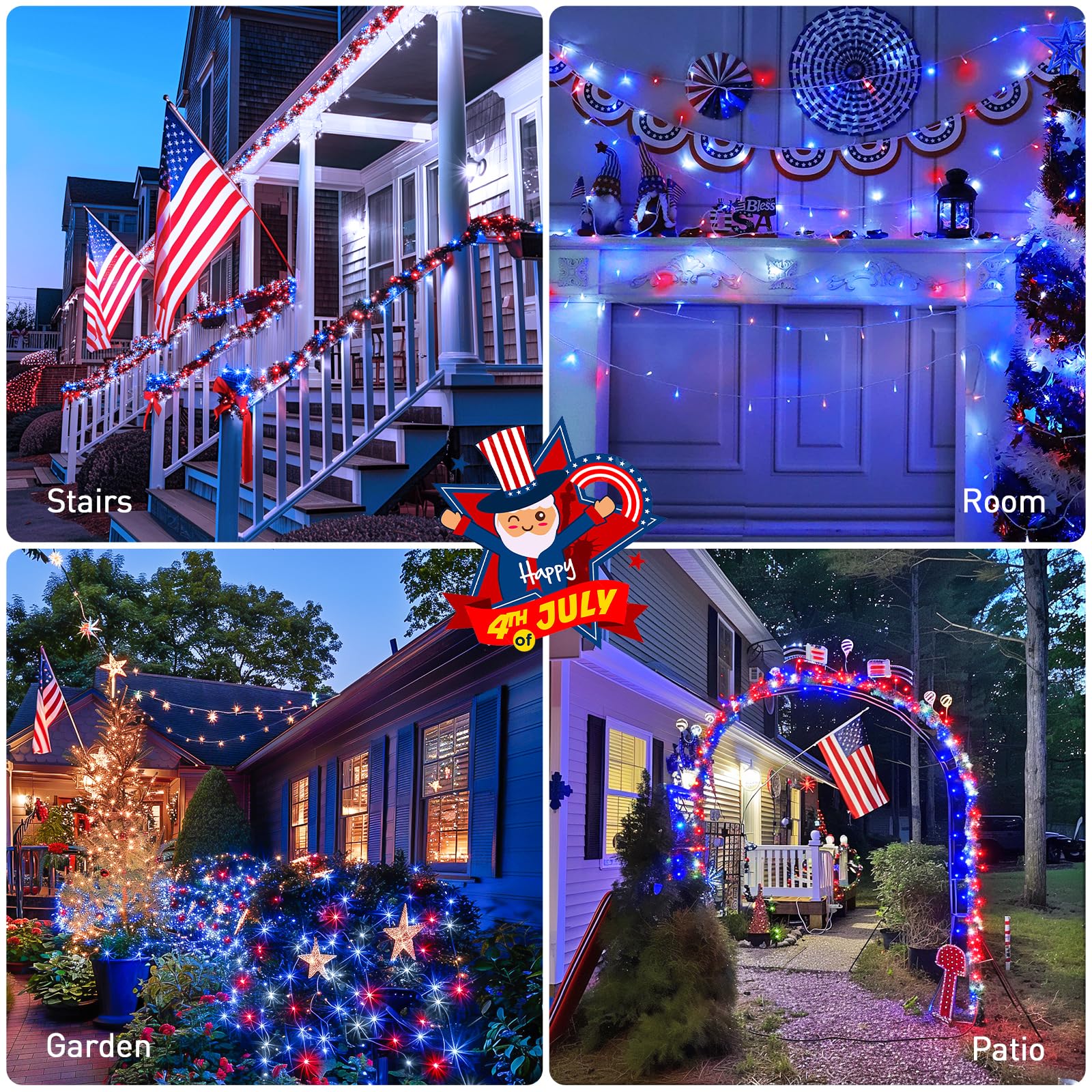 Jmexsuss Red White & Blue Lights Clear Wire, 66 Ft 200 Led 4Th Of July Decorations String Lights Plug In, Christmas Lights For I