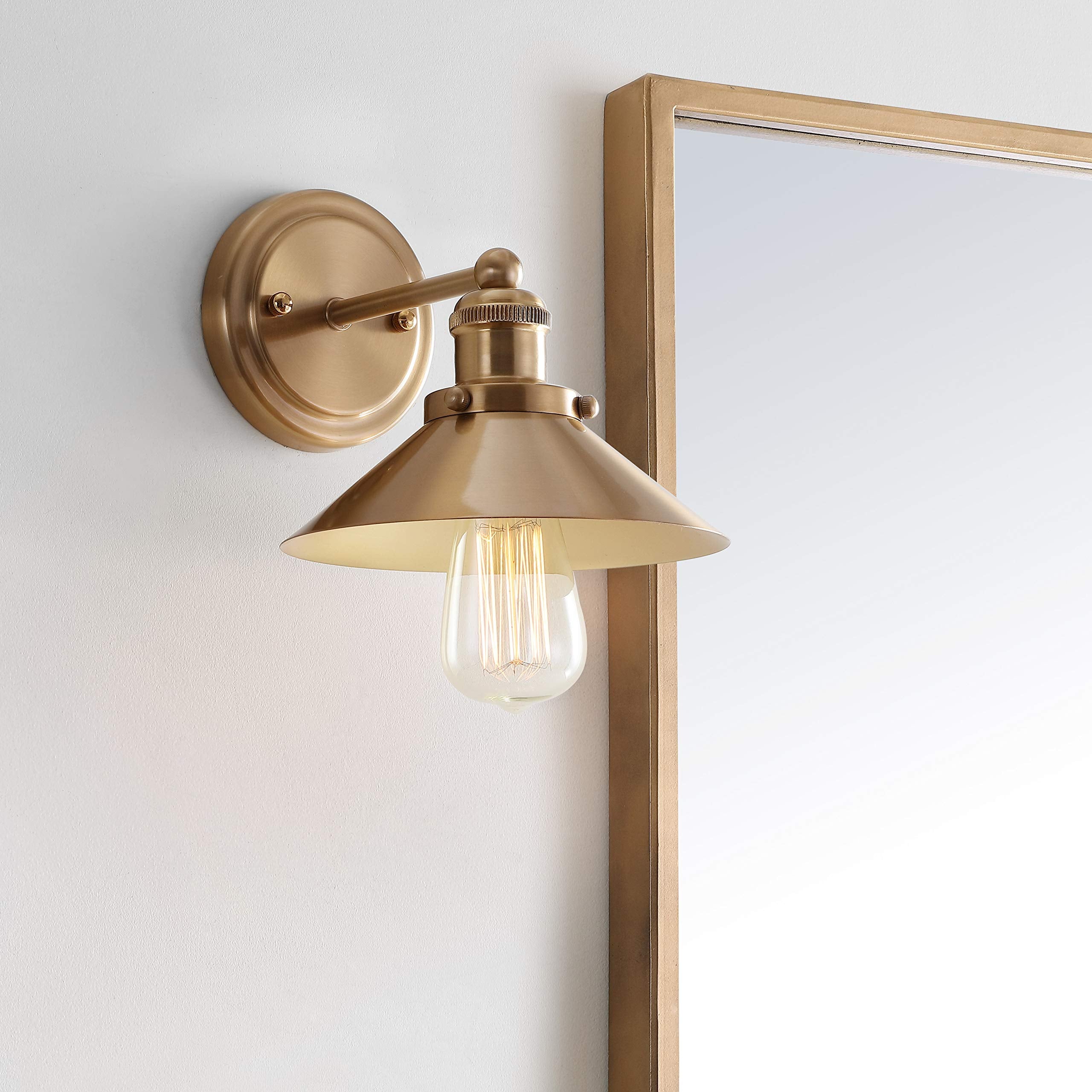 JONATHAN Y Farmhouse Sconce 1-Light Metal Shade, Brass Gold, Model JYL7429A, Includes 2200K Edison Bulb, Ideal for Bedroom, Living Room,