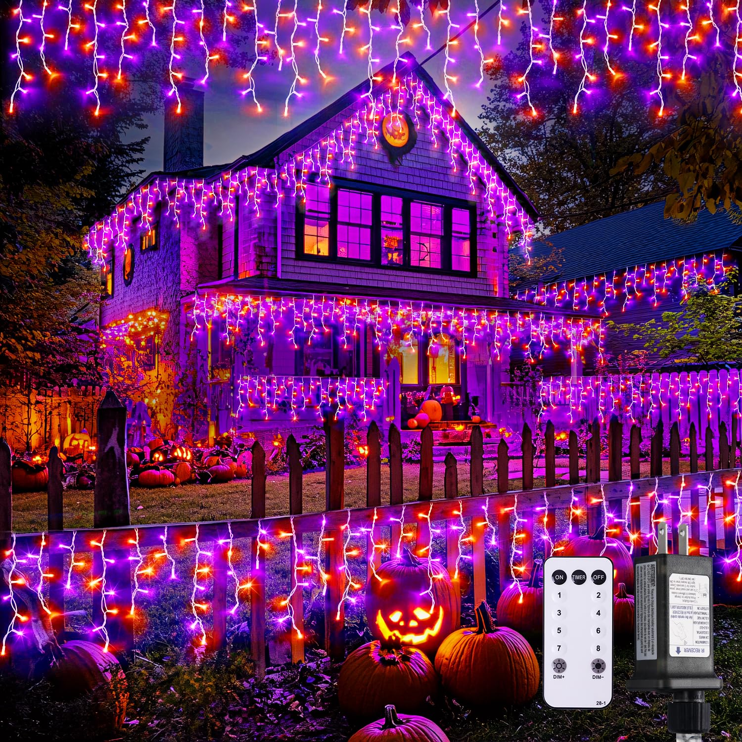 JMEXSUSS 400 LED Icicle Lights, 8 Modes, Waterproof, 38.8FT, Orange and Purple, Model EXS-I-0400