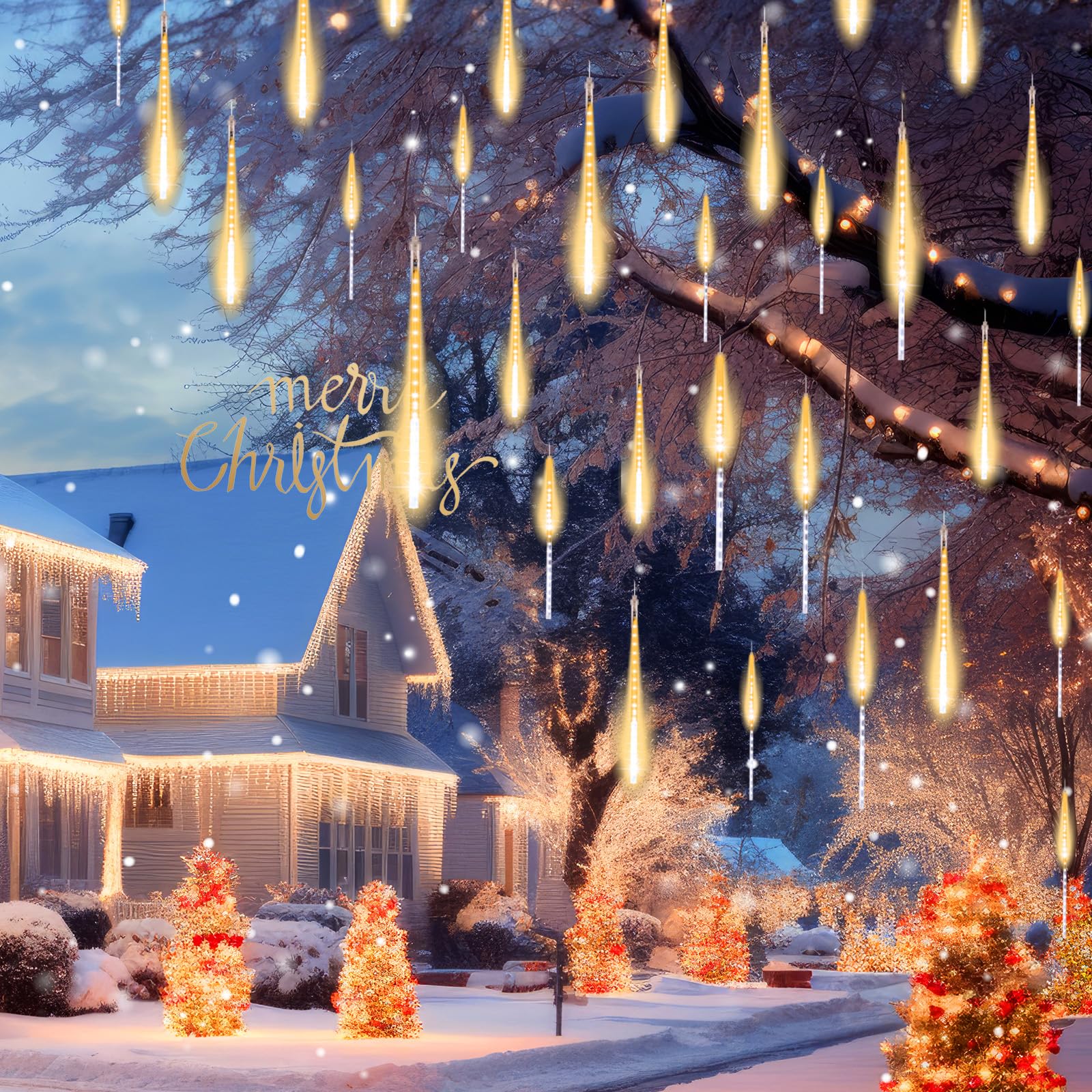 Minetom Meteor Shower Lights, 720 LED, Waterproof Icicle Lights, 16 Inch, Warm White