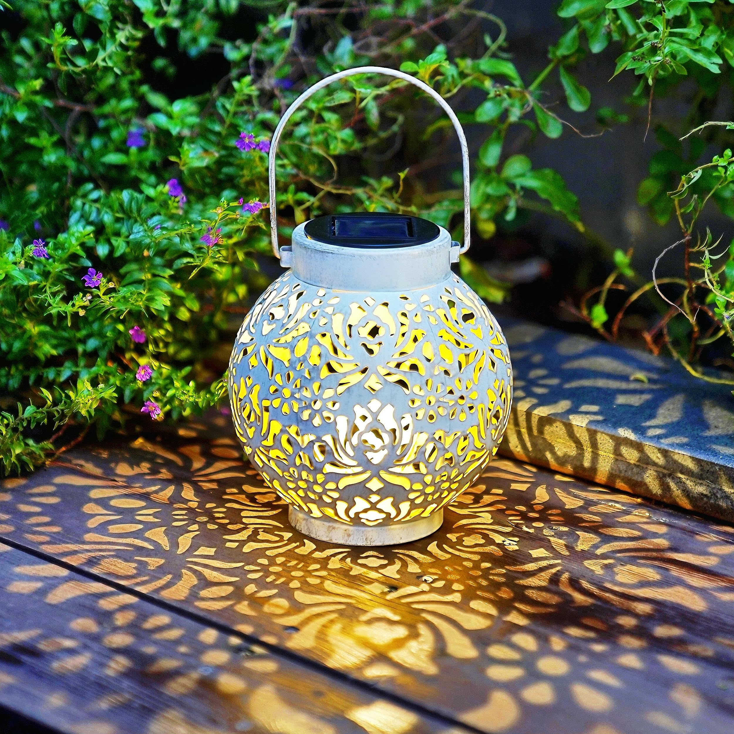 EXCMARK Set of 2 Outdoor Solar Hanging Lanterns, Metal LED Decorative Lights, Hollowed-Out Design, White, Floral Model