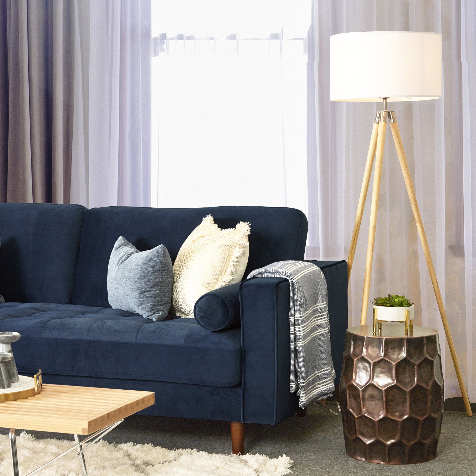 Light Society Celeste Tripod Floor Lamp, Natural Wood Legs with Satin Nickel Finish and White Fabric Shade, Mid Century Contempo