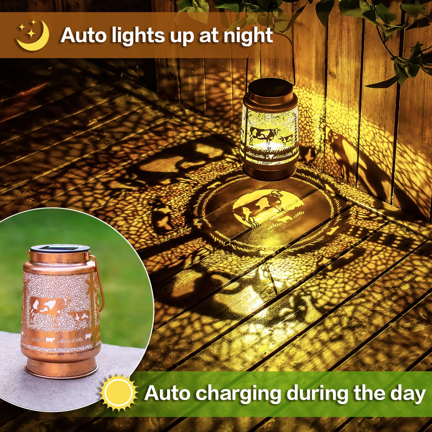 Cow Solar Lanterns Outdoor Waterproof Hanging Solar Lights Cow Gifts For Women Men Metal Decorative Led Cow Lanterns For Garden Decor,Yard,Patio,Lawn,Tabletop,Pathway,Landscape