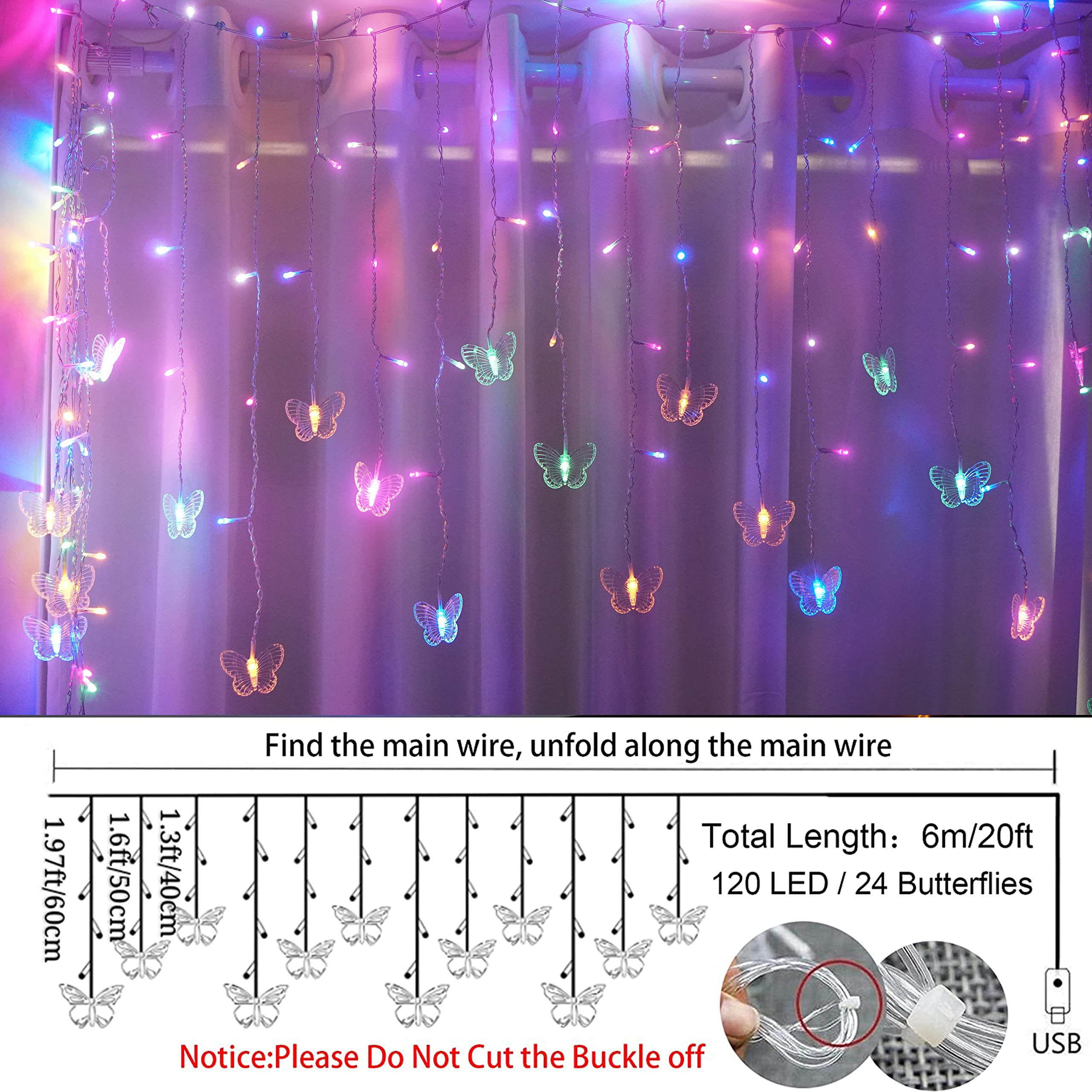 StarryMine Curtain Butterfly String Light 20Ft 120LED USB Fairy Lights Remote Control Pastel for Room Bedroom Party Wedding Holiday Decoration