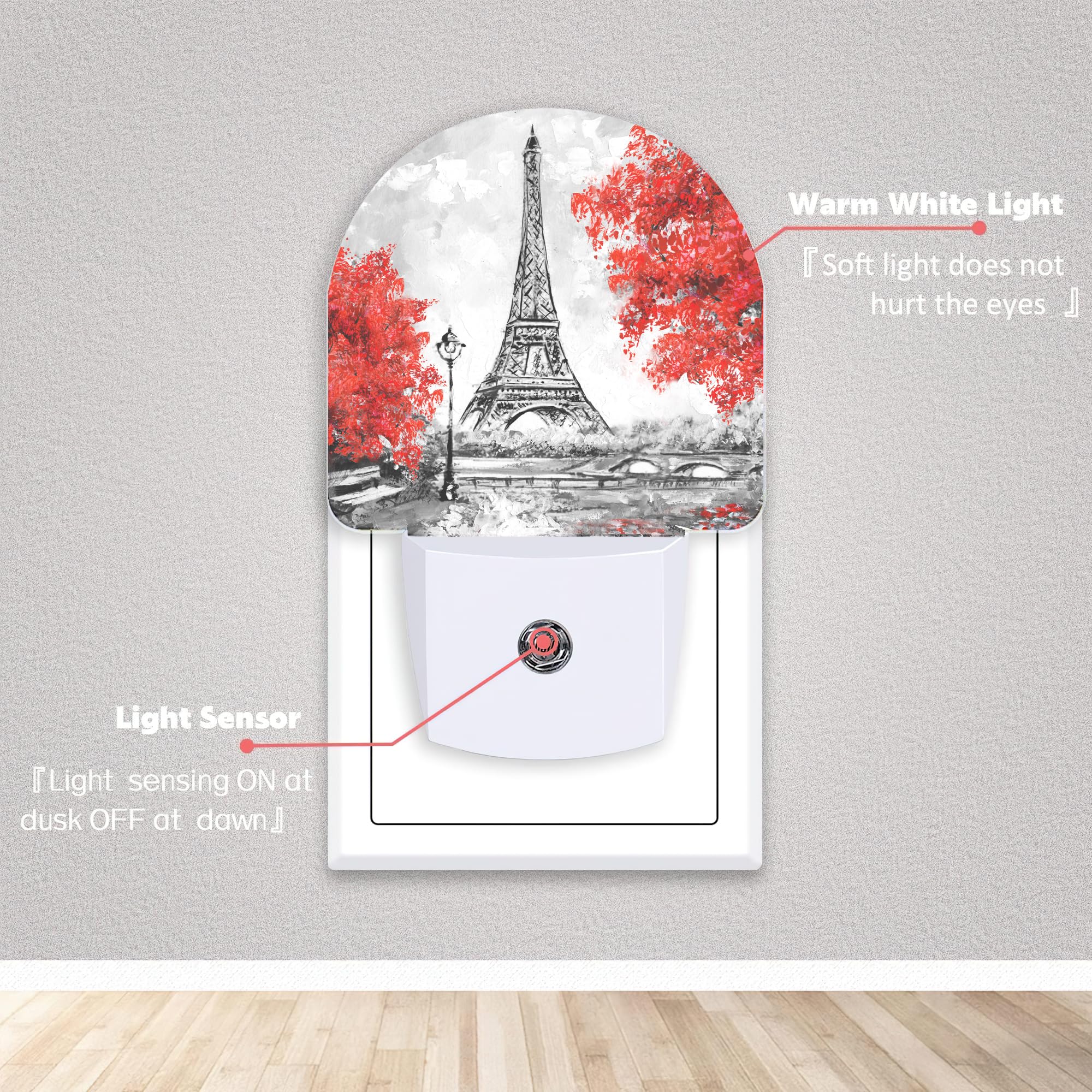 Axxitude LED Night Light - Eiffel Tower Paris Red Flower, Dusk to Dawn Sensor, Model SBD04, Perfect for Bedroom & Hallway Decor