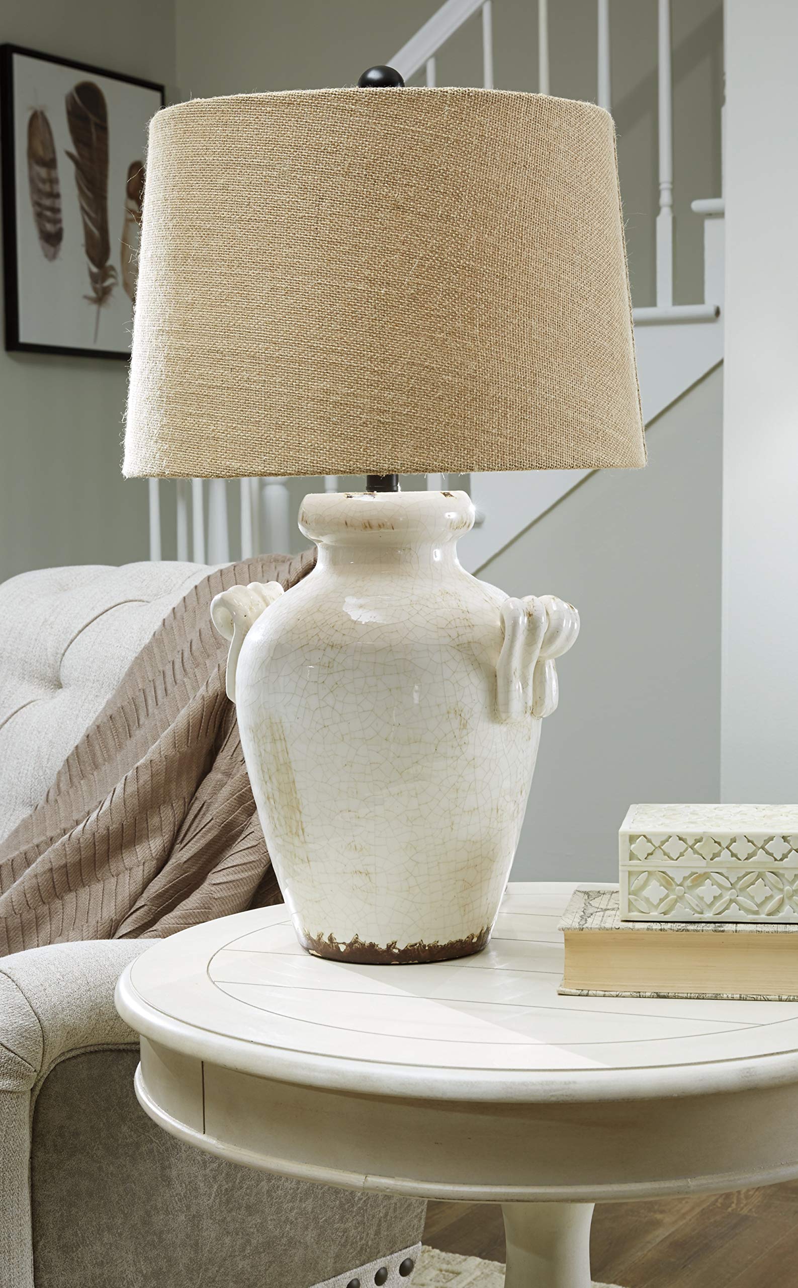 Signature Design By Ashley Emelda Farmhouse 27" Ceramic Table Lamp, Cream Glaze Crackle Finish