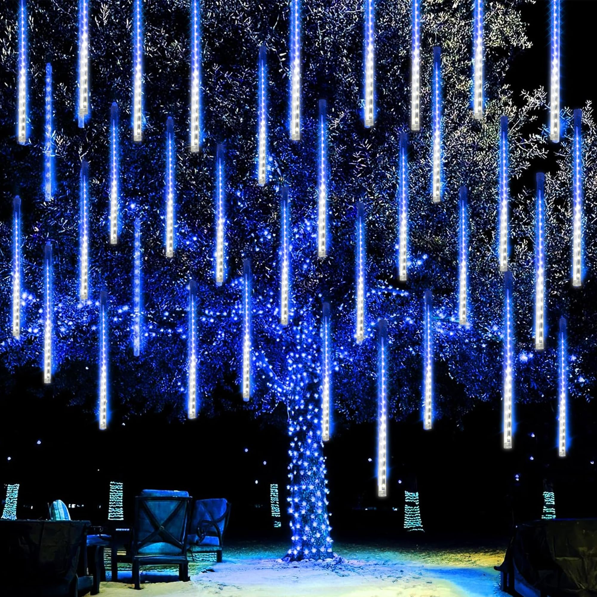 Dazzle Bright 288 LED Christmas Light, 11.8 Inch Meteor Shower Rain Lights with 8 Tubes,Waterproof Plug in Falling Rain Lights Christmas Decorations for Xmas Bushes Tree Yard Party, Blue and White