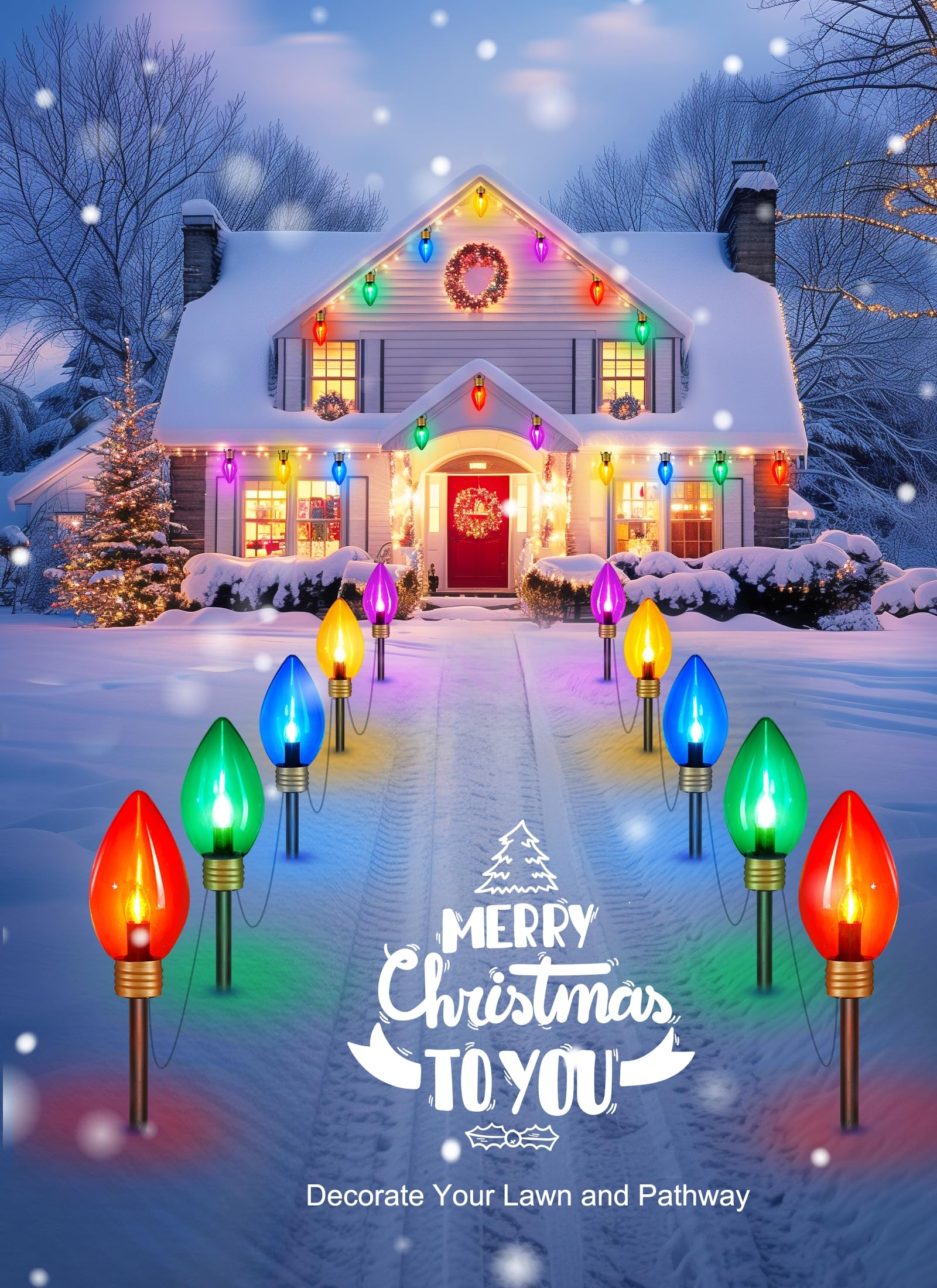 Brightown Solar Super Jumbo Christmas Lights Outdoor - 2 Pack Total 44 Ft 20 Led Jumbo C9 Christmas Pathway Lights With Timer, 8