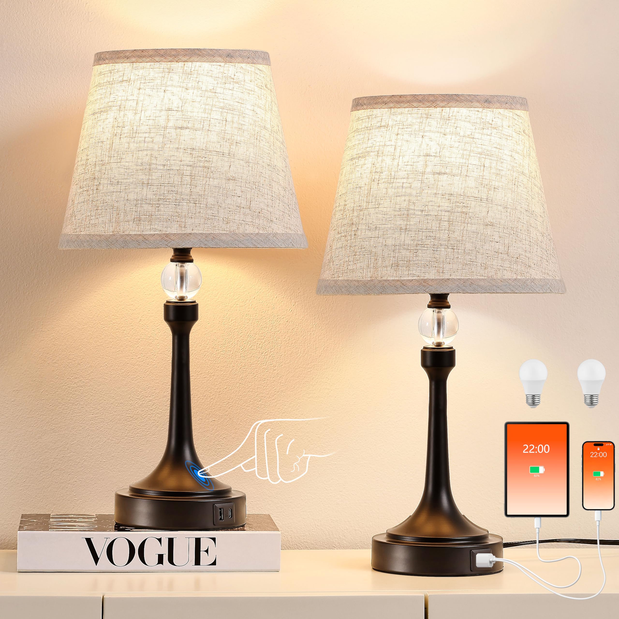 Leasgy 19.7 Touch Table Lamps for Living Room  Small Lamp for Bedroom with USB C+A Ports  Dimmable Touch Lamps Set of 2  Reading Desk Lamp for Office  Metal Bedside Lamps  Bulbs Included  Black
