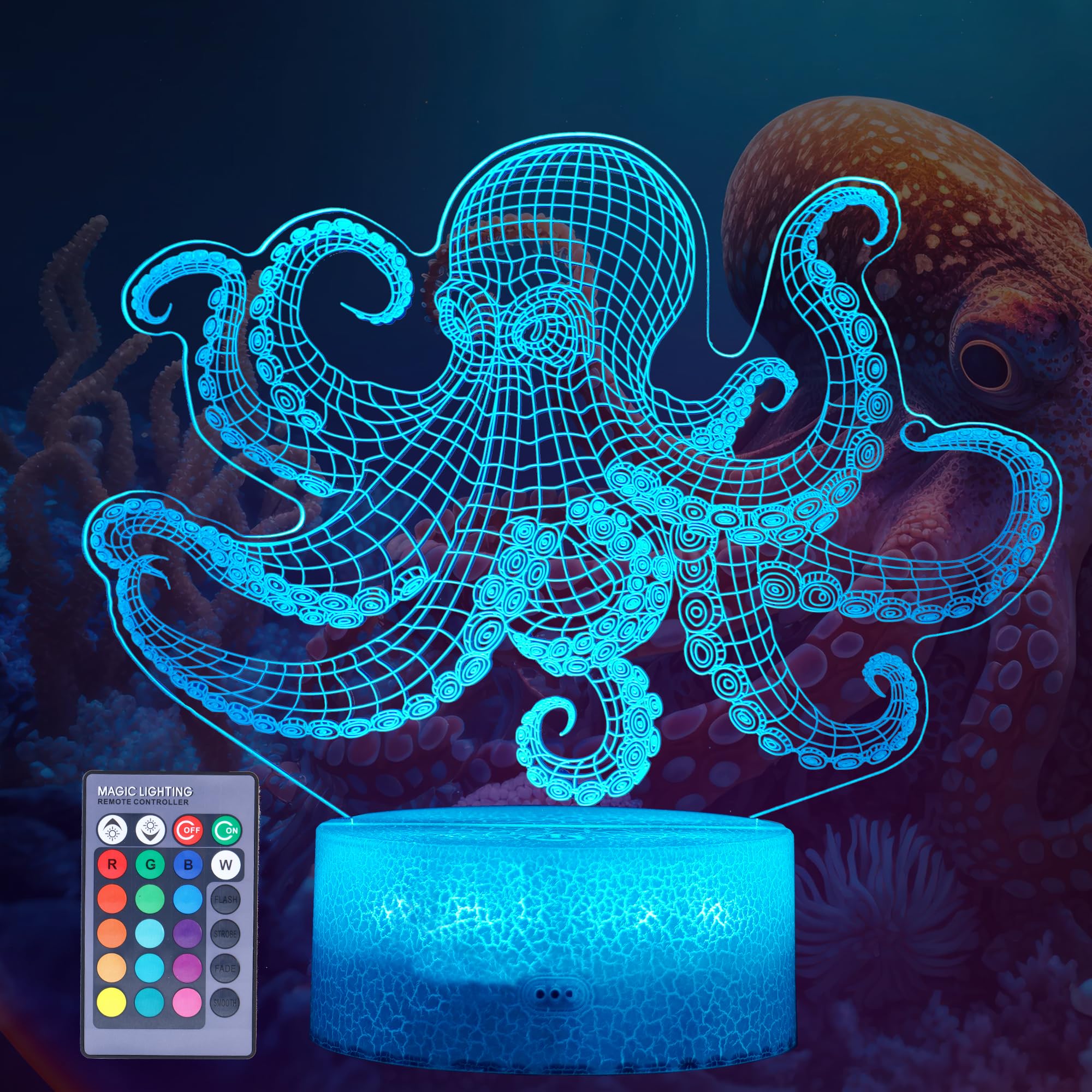 POSSHE Octopus Night Light, 3D Illusion Night Light Lamp, Octopus Stuff with 16 Colors Changing, Remote Control and Dimmable, Ki