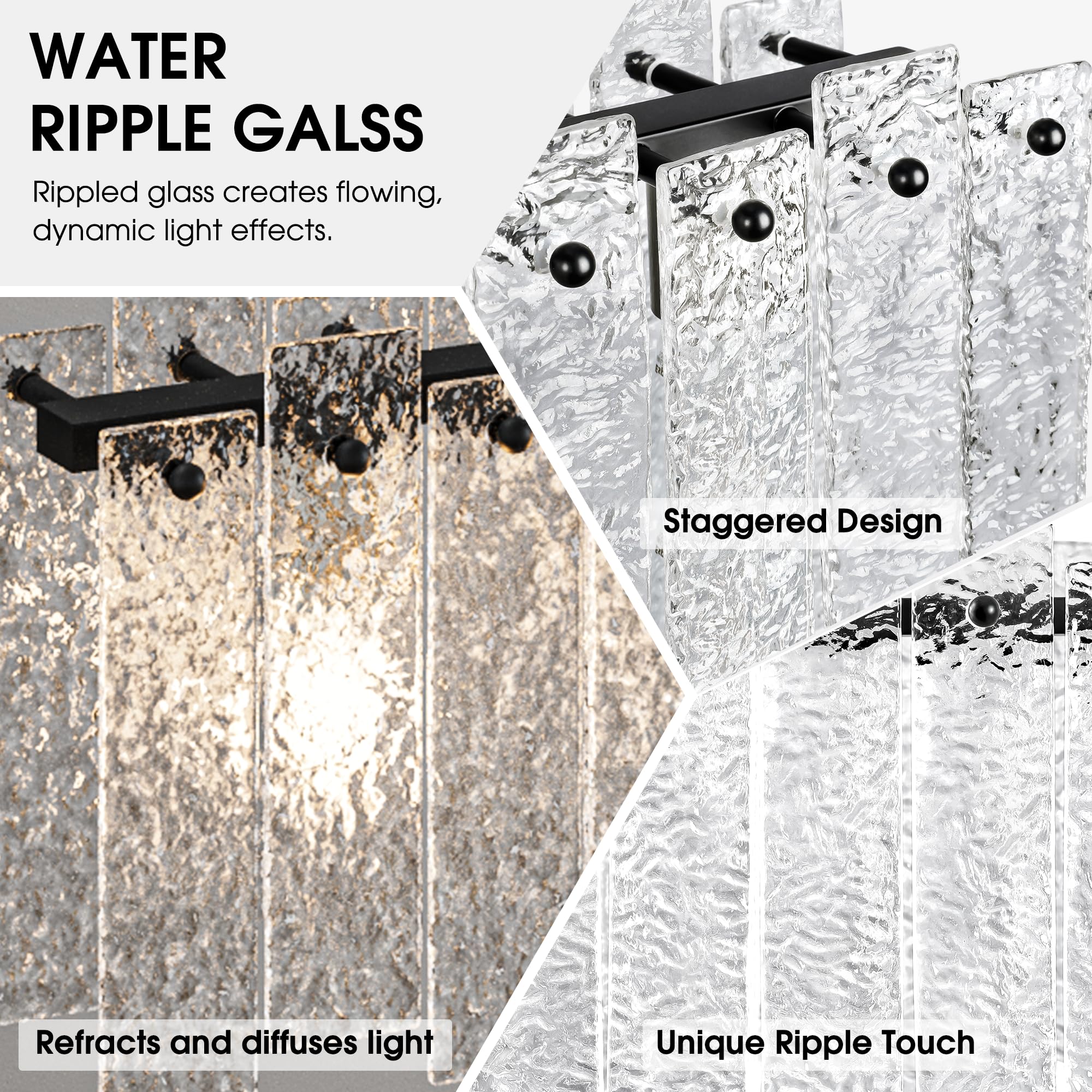 Danshinro 4FT Black Chandelier - Linear Crystal Design with Water Ripple Glass, L22 Model, 6 Bulb Capacity, Ideal for Dining Room