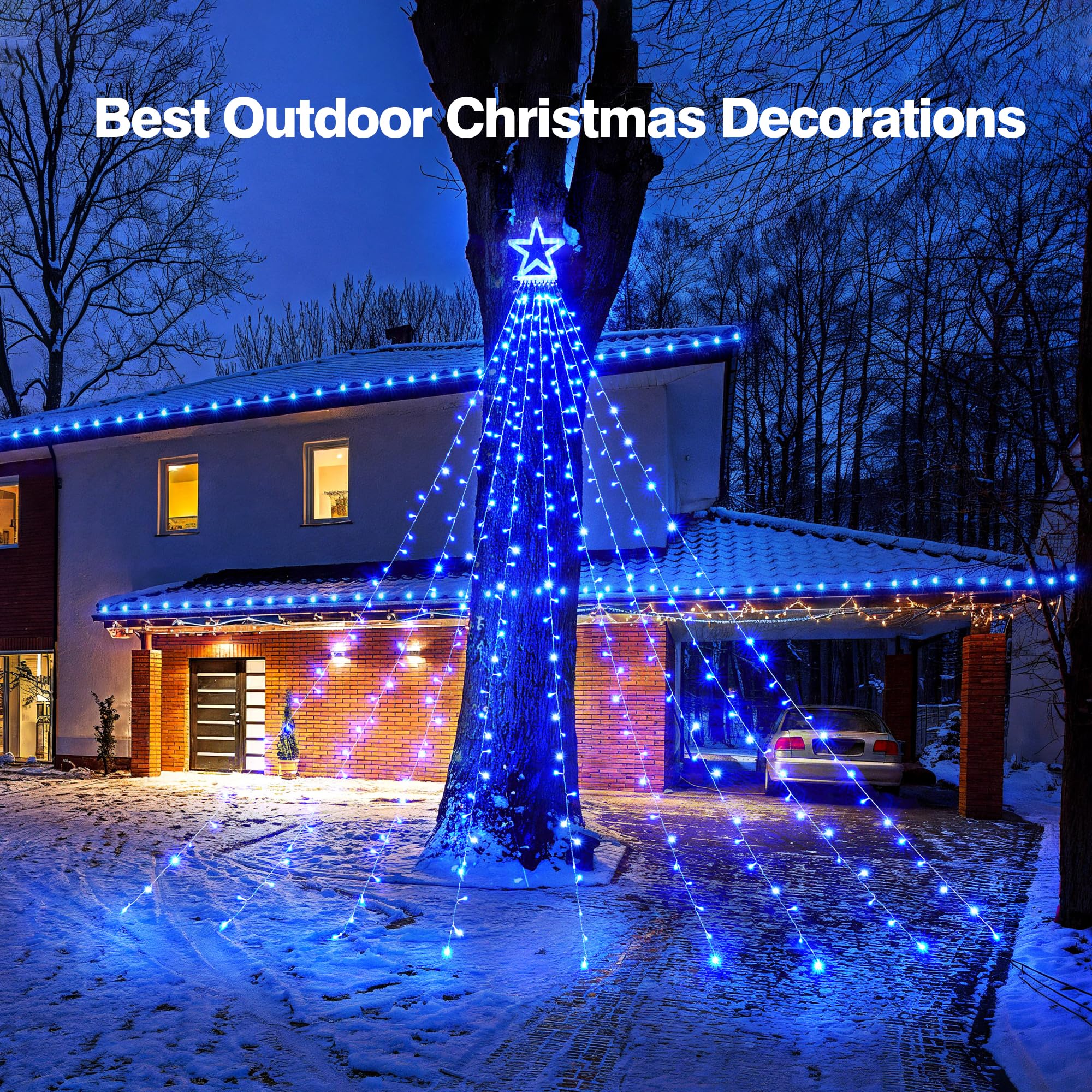 Blctec Outdoor Christmas Decorations 317 Leds Christmas Lights With 9 Strands 11.9Ft Waterfall Christmas Tree Lights  8 Modes  Ul Certified  Waterproof  Topper Star & Timer For Yard Patio D?Or  Blue