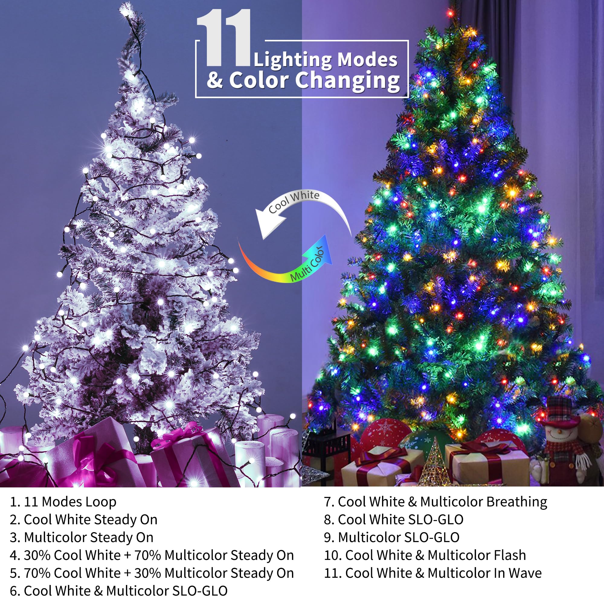 Brizled Outdoor Christmas Lights, 66Ft 200 Led Color Changing String Lights, Cool White & Colored Christmas Lights, Dimmable Ber