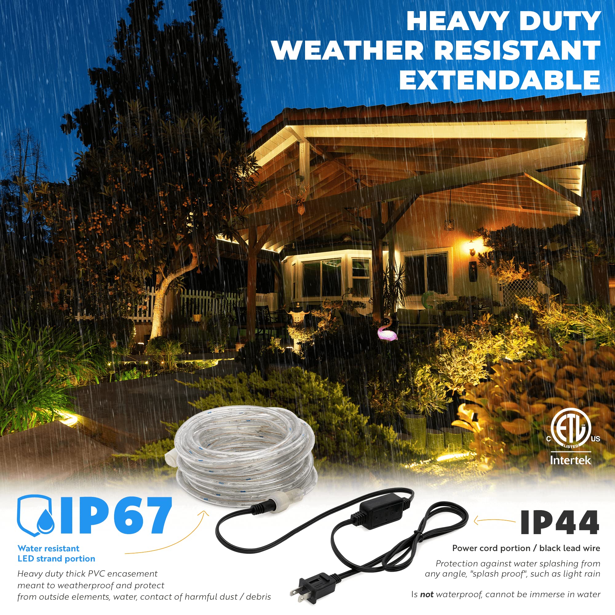 Wyzworks 3312Leds, 300Ft Led Warm White Rope Light, Connectable Outdoor Permanent Waterproof Accent Exterior Lighting, Flexible Clear Pvc, Etl Certified, Holiday, Backyard Patio, Home, Décor