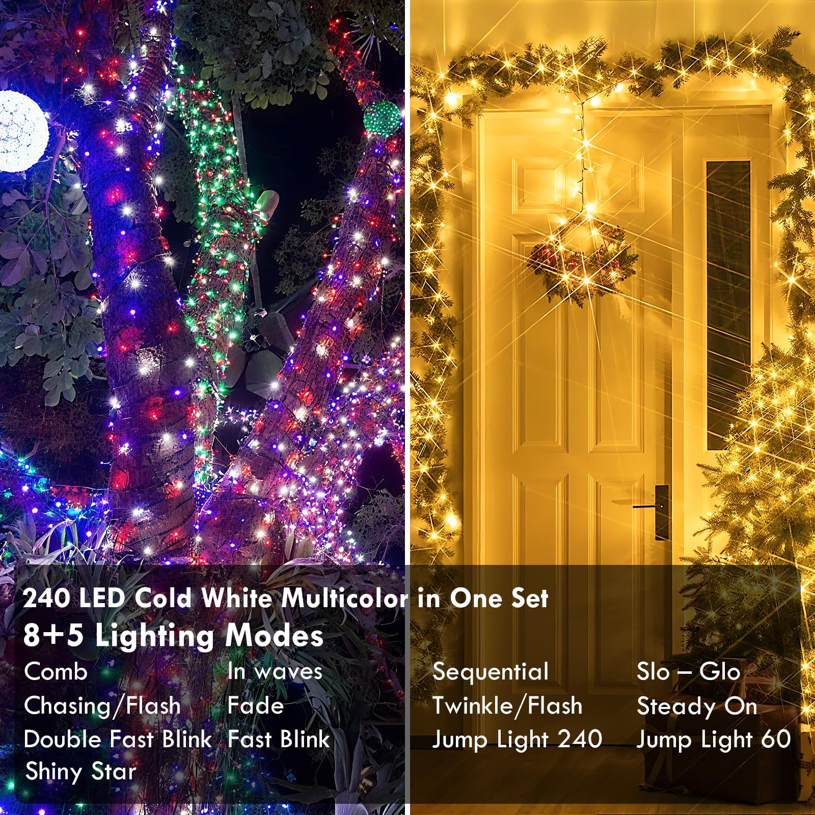KAQ 88FT Connectable String Lights, 240LED, Warm White & Multicolor, Clear Wire, Model MLS-D29V6WUIC-O, Indoor/Outdoor Decor